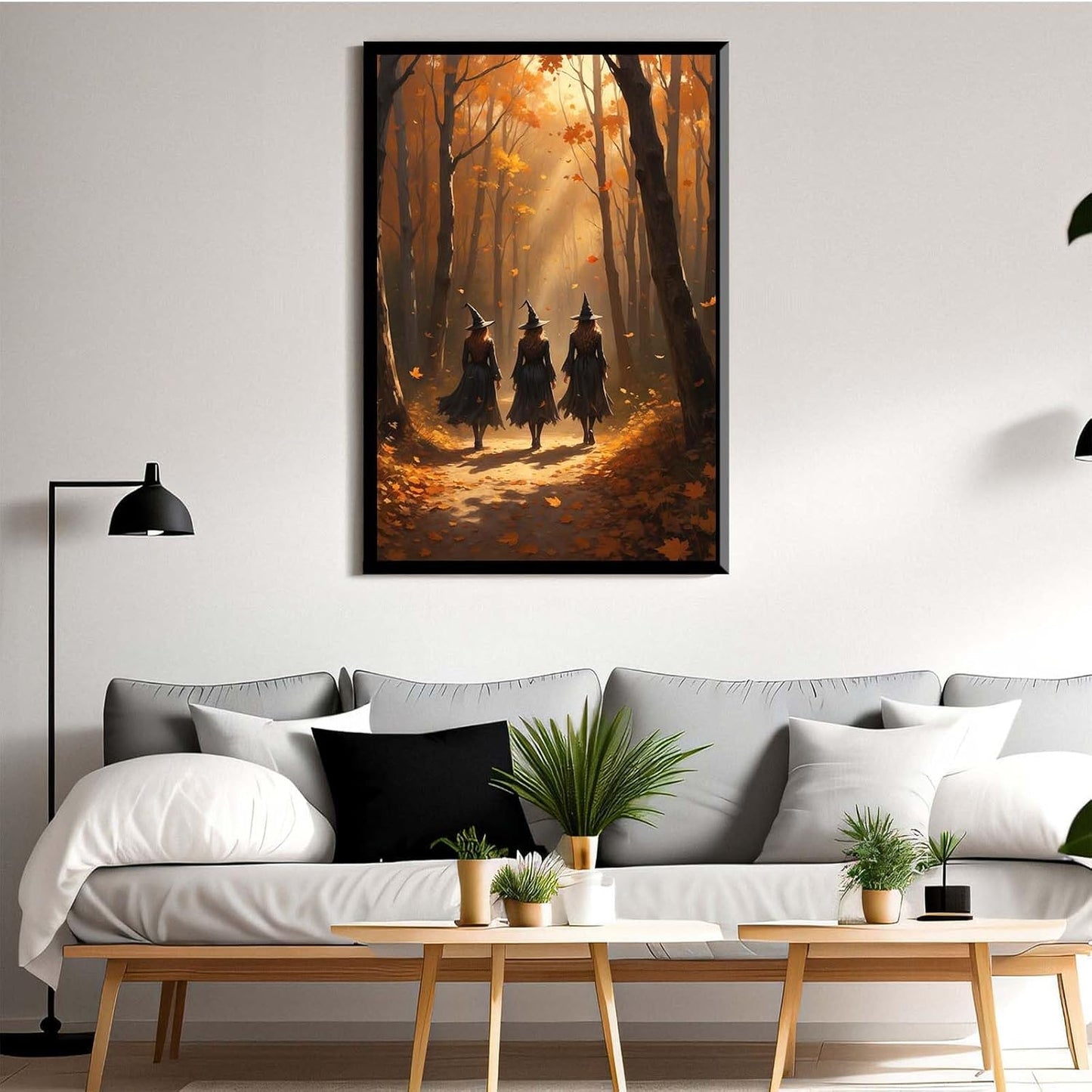 JFHCQJPK Three witches walking in the forest in autumn canvas painting gothic poster halloween print country witch wall art for home decoration16x24in Metal blackFramed