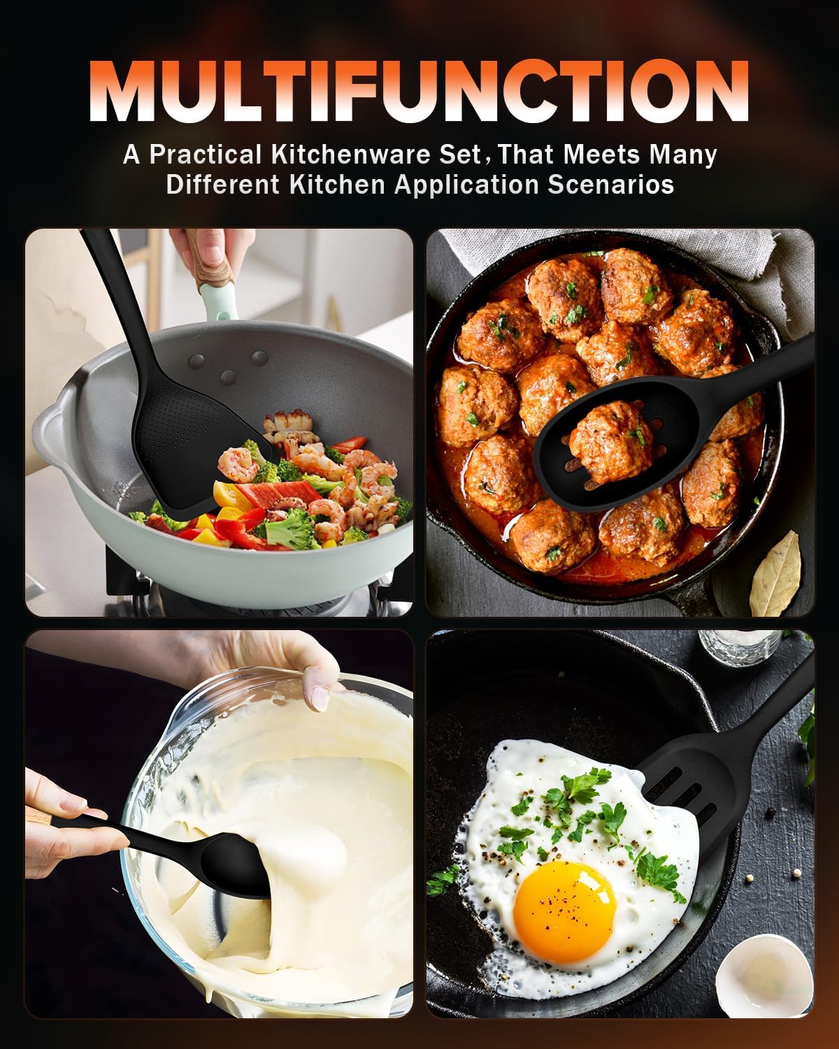 Silicone Cooking Utensils Set, Perfectly Angled for Frying, Mixing,Serving,Draining,Turning and Stirring, BPA-Free Matte Silicone, Wood Handles, Safe for Nonstick Cooking Surfaces,4 Pack (Black)