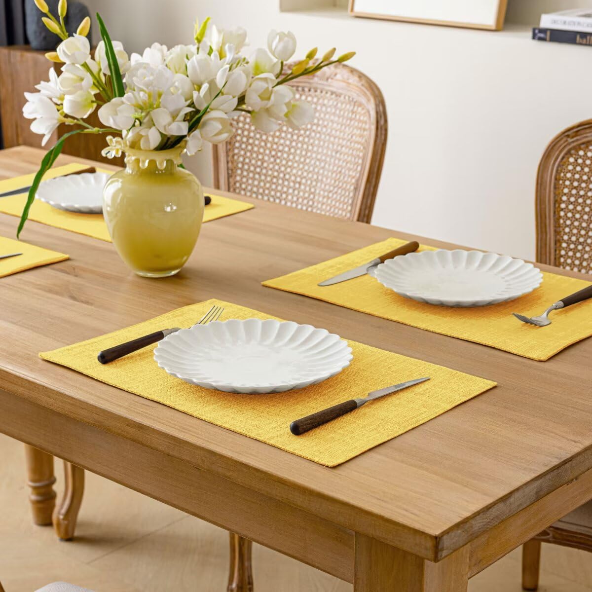 Placemats Set of 8, Bilayer Thickened Linen Place Mats Heat Resistant Machine Washable Wrinkle Free Carefully Selected Polyester Mats for Kitchen/Dining/Coffee Table (Yellow)