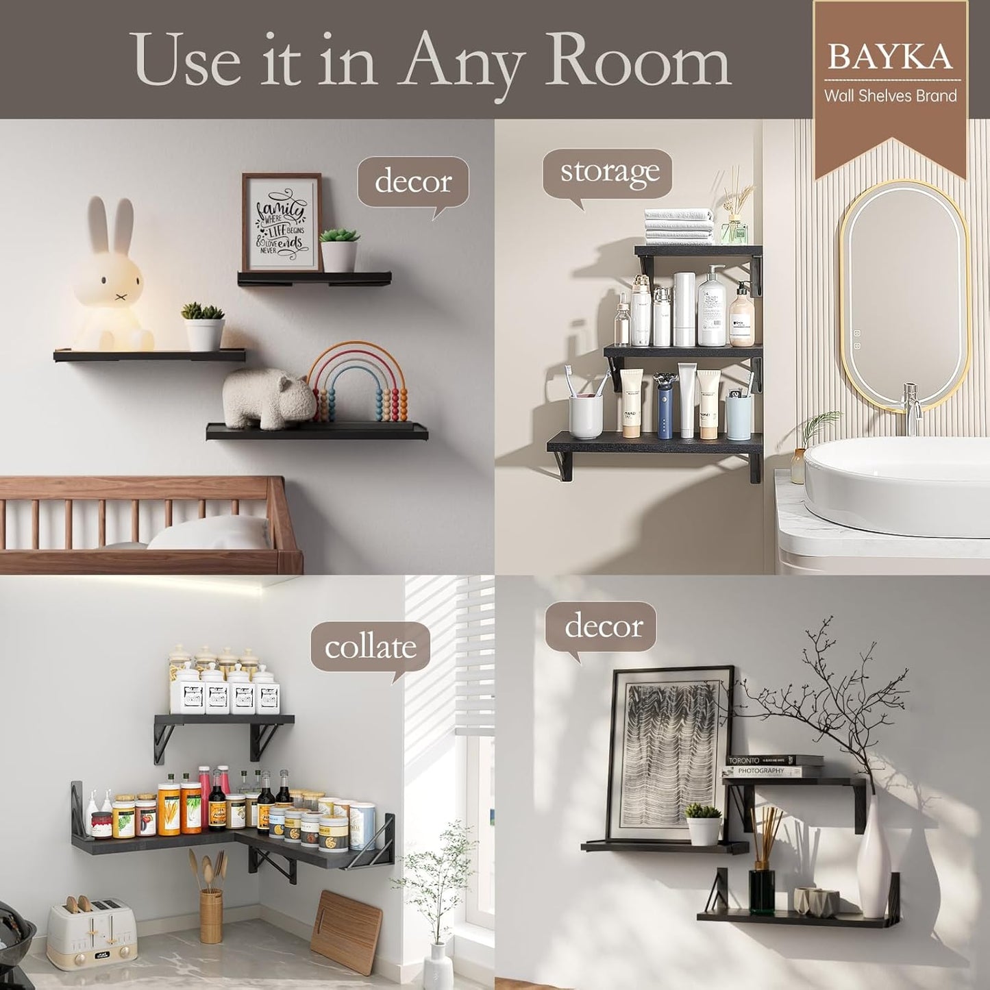 BAYKA Wall Shelves for Bedroom Decor, Floating Shelves for Wall Storage, Display Mounted Rustic Wood Shelf for Books,Plants,Corner Shelves for Bathroom,Kitchen,Living Room(Set of 4)