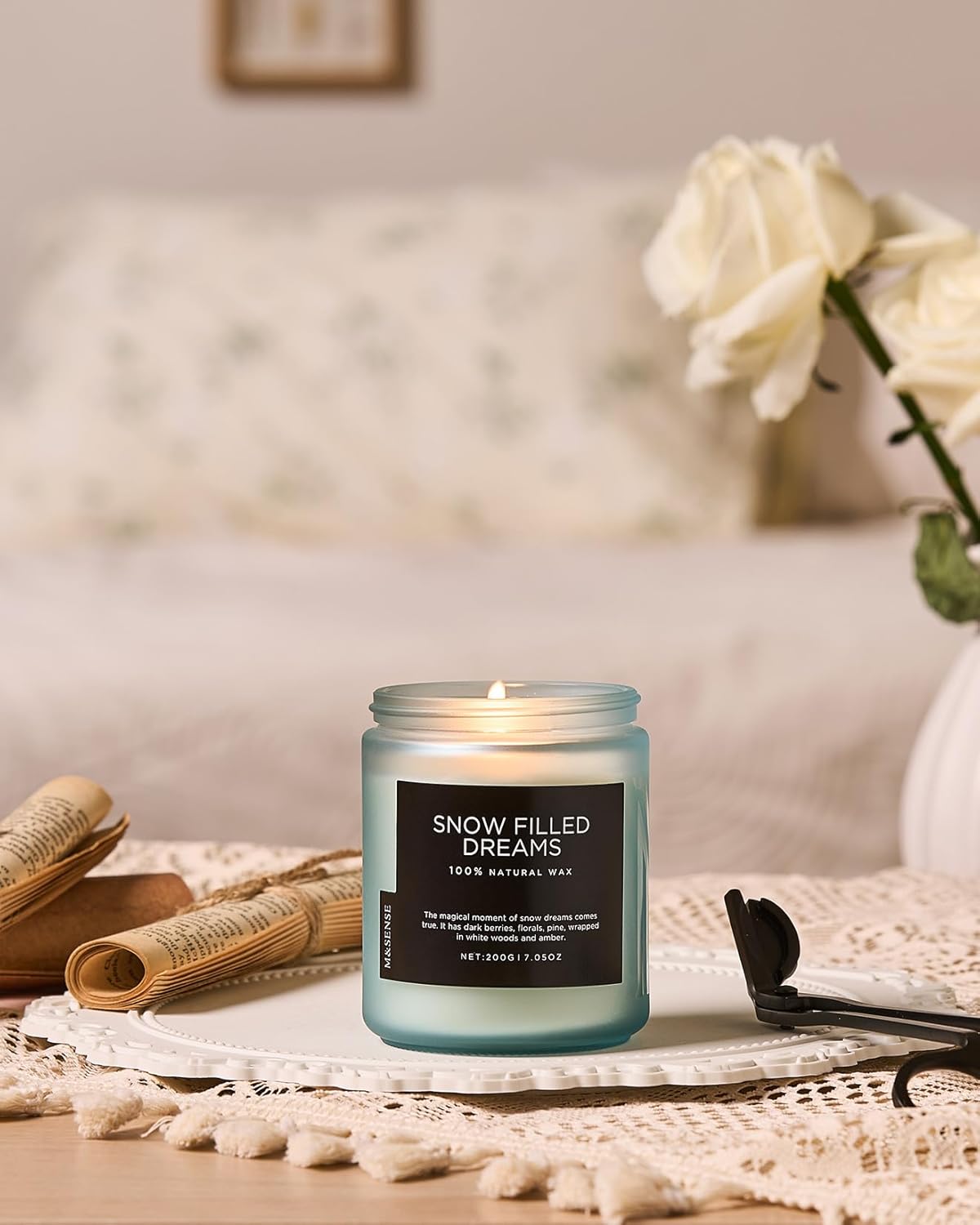 M&SENSE Snow Filled Dream - Jasmine & Pine Scented Natural Soy Wax Cotton Wick Candle for Home Decor, 7.05oz 50 Hours Long Lasting Winter Scent Holiday Gifts for Women Men