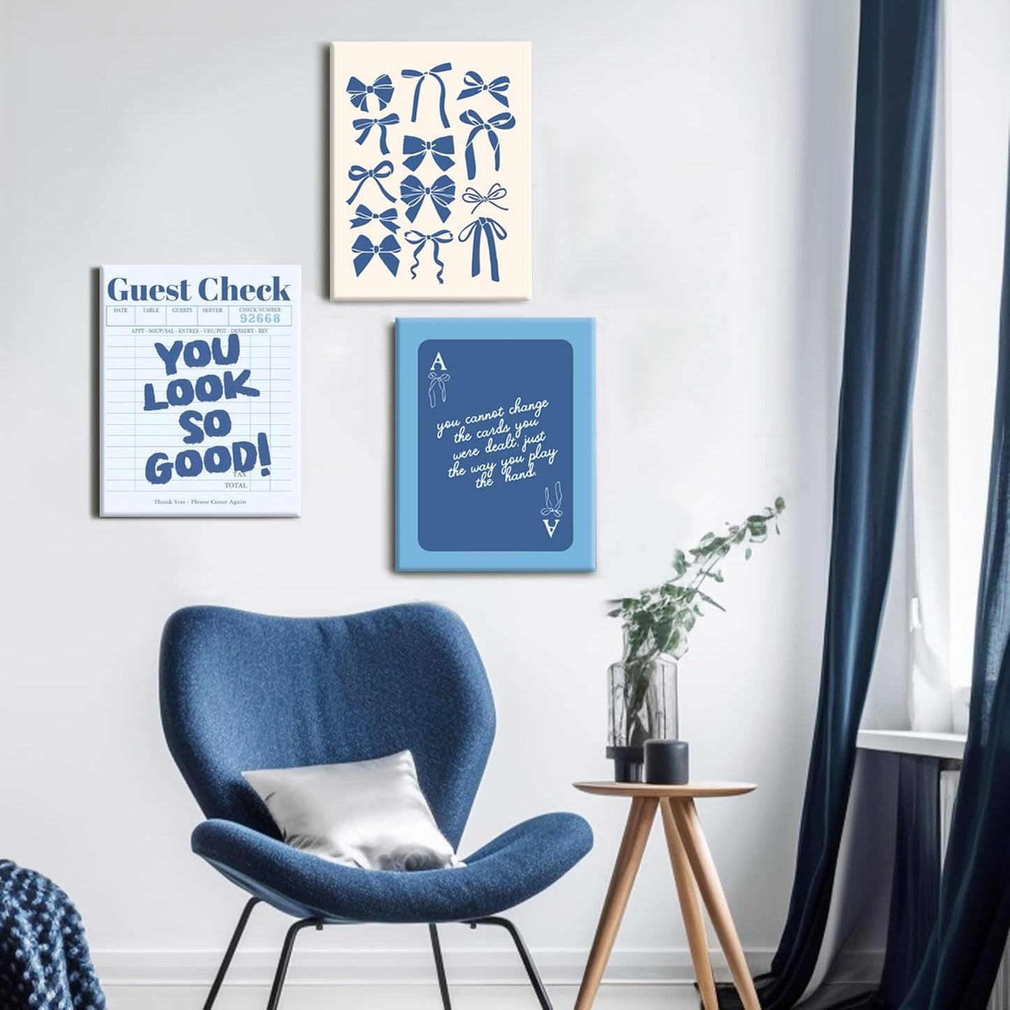 Blue Preppy Wall Art Framed Set of 3 Trendy Navy Bow Posters Retro Guest Check Canvas Prints Poker Painting Minimalist Positive Quote Picture Room Decor Aesthetic for Living Room Dorm Apartment12x16in