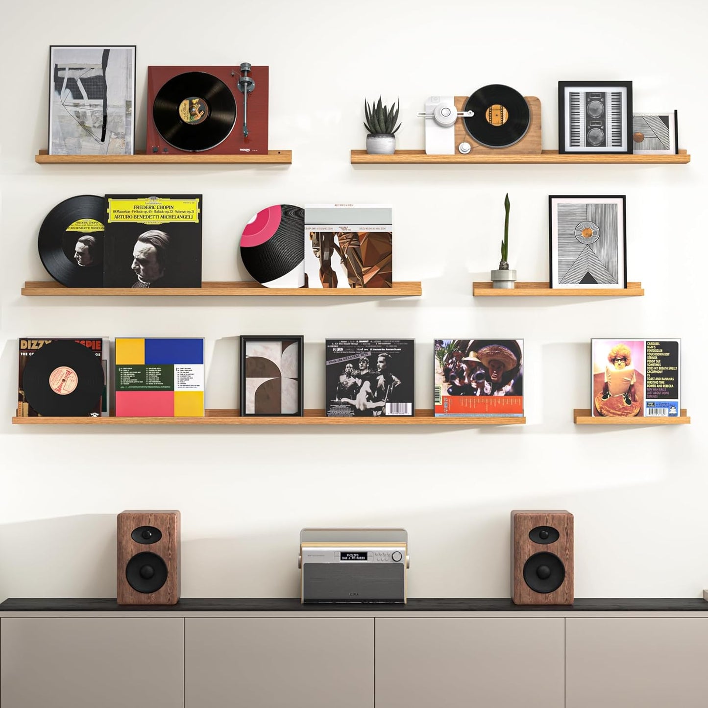 Heimlove Picture Ledge Shelf, Small Floating Shelves Set of 2, 16 Inches Picture Shelf for Wall with Ledge, Kids Bookshelf Wall Mounted for Living Room Bedroom Decor Books Photo Frames, Oak