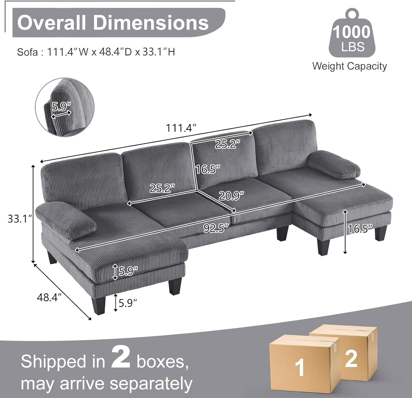 Karl home U-Shape Sectional Sofa Couch 111" Modern 4-Seat Sofa with Chaises Corduroy Fabric Upholstered Covertible Couch with Wood Grain Legs for Living Room, Reception Room, Apartment, Dark Gray