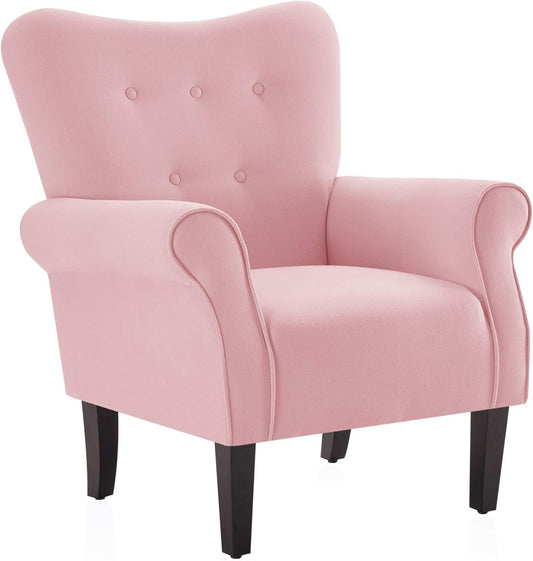 BELLEZE Modern Accent Chair for Living Room, High Back Armchair with Wooden Legs, Upholstered Wingback Side Chair Padded Armrest Single Sofa Club Chair for Living Room, Bedroom - Allston (Pink)
