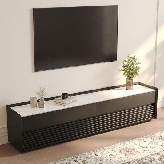 POVISON Fully-Assembled Mid Century Glossy Sintered Stone TV Stand, 78.74" Wood Media Console with Adjustable LED Light, Entertainment Center with Storage for Living Room