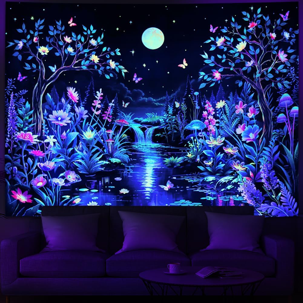 Serborlur Blacklight Fantasy Forest Tree Tapestry UV Reactive Floral Plant Tapestries Trippy Moon Butterfly Wall Art Decor Nature Landscape Wall Hanging for Bedroom