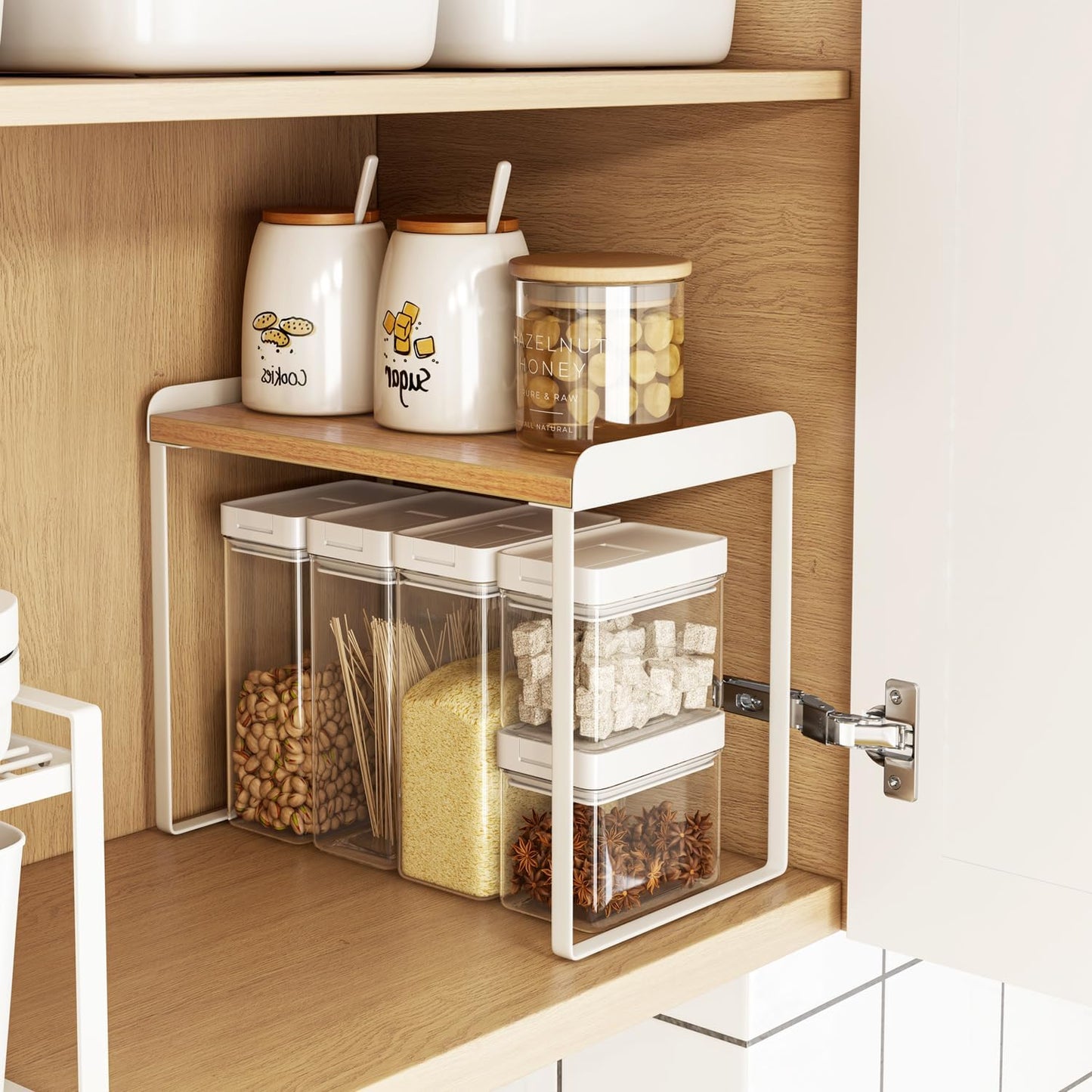 Mitus Shelf Organizer and Storage, Tiered Wood Cabinet Rack for The Kitchen Counter, Bathroom Counter, Pantry Cupboard, Office Desk Bookshelf, 16" Wide Natural and White