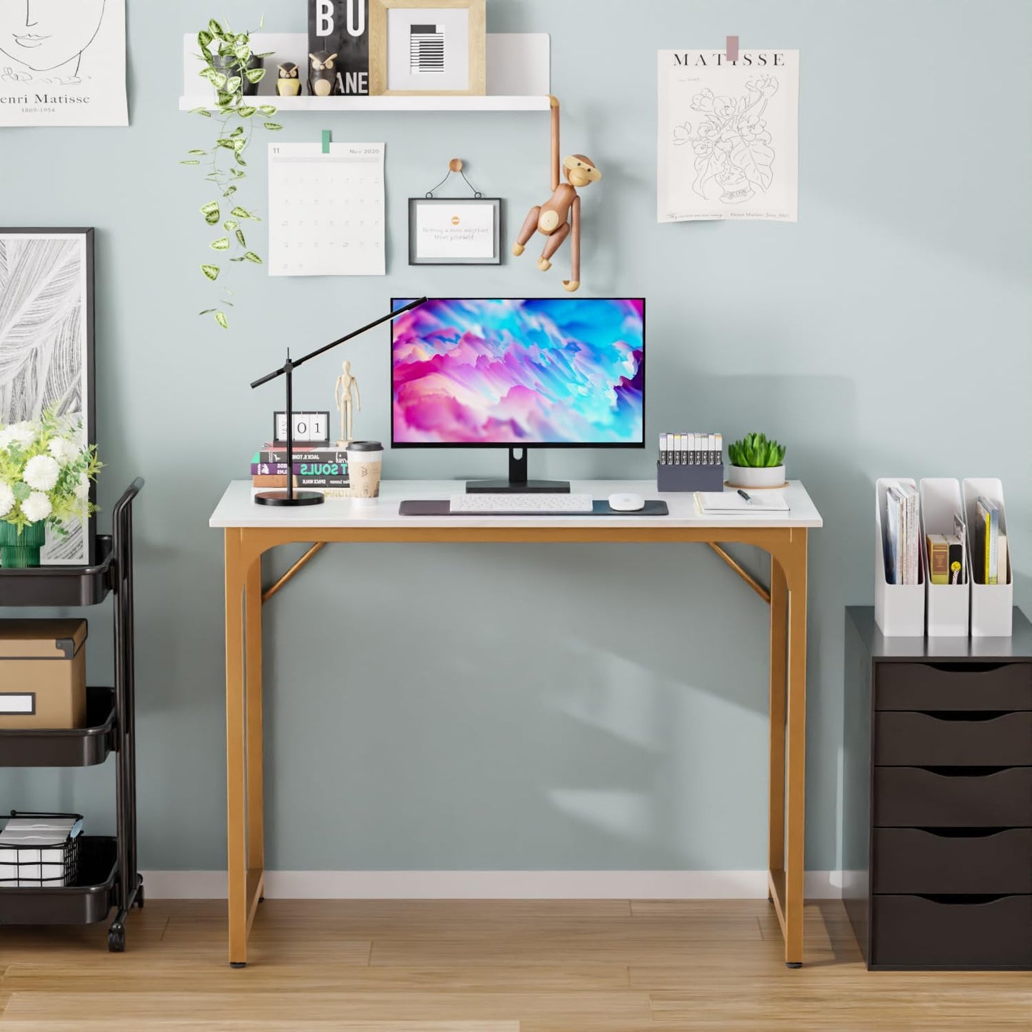 PayLessHere | 39 Inch Computer Desk | White Gold | Office Desk with Metal Frame, Adjustable Feet | Water-Resistant, Scratchproof Surface | Sturdy Writing Table for Home Office or Study | Pack of 1