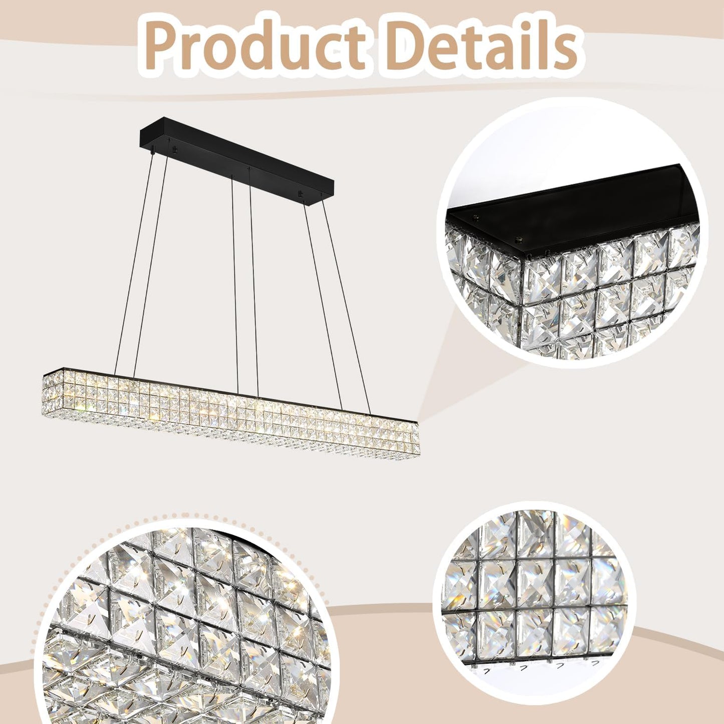 W48 Black Chandeliers for Dining Room, Modern Crystal Pendant Lights Fixture Farmhouse Hanging Dining Light Fixtures for Kitchen Island, Living Room, Bedroom