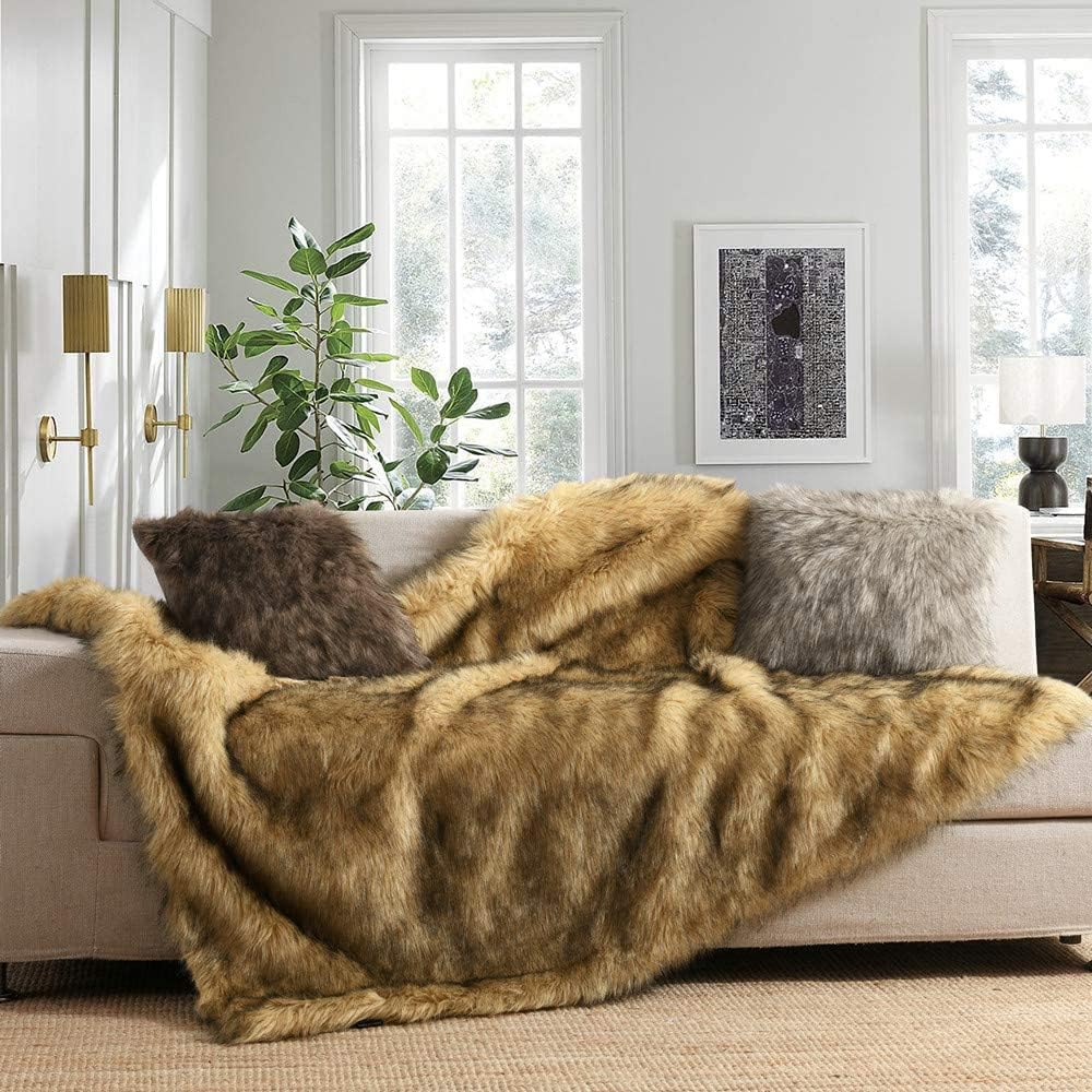 Luxury Plush Faux Fur Throw Blanket, Long Pile Golden Yellow with Black Tipped Blanket, Super Warm, Fuzzy, Elegant, Fluffy Decoration Blanket Scarf for Sofa, Armchair, Couch and Bed, 50''x 60''
