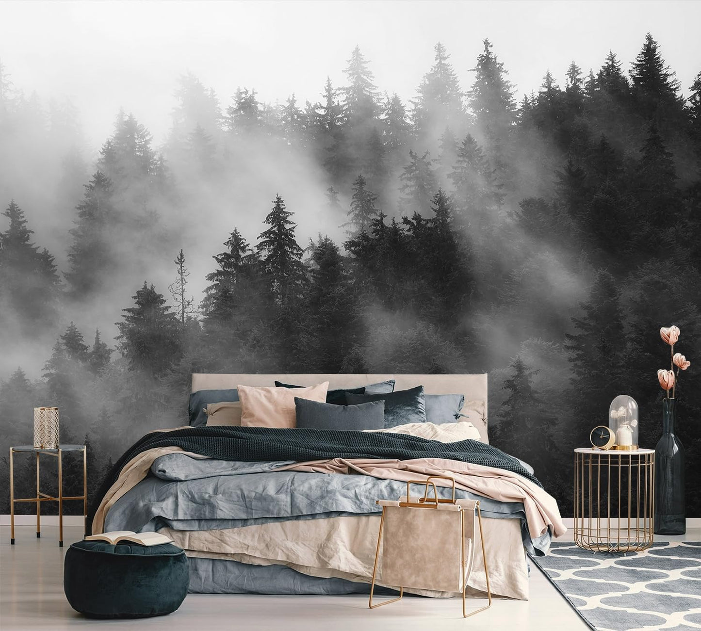 AFZEVEB-Dark Misty Forest Wallpaper Wall murals for Bedroom 114"x74" (Not Peel and Stick)