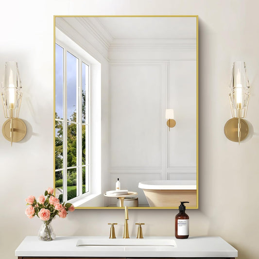 30x40In Gold Bathroom Mirror for Wall, Brushed Gold Rectangle Mirrors with Metal Frame, Bathroom Rectangular Mirror Modern Wall Mirror for Bedroom Living Room, Hangs Horizontal or Vertical