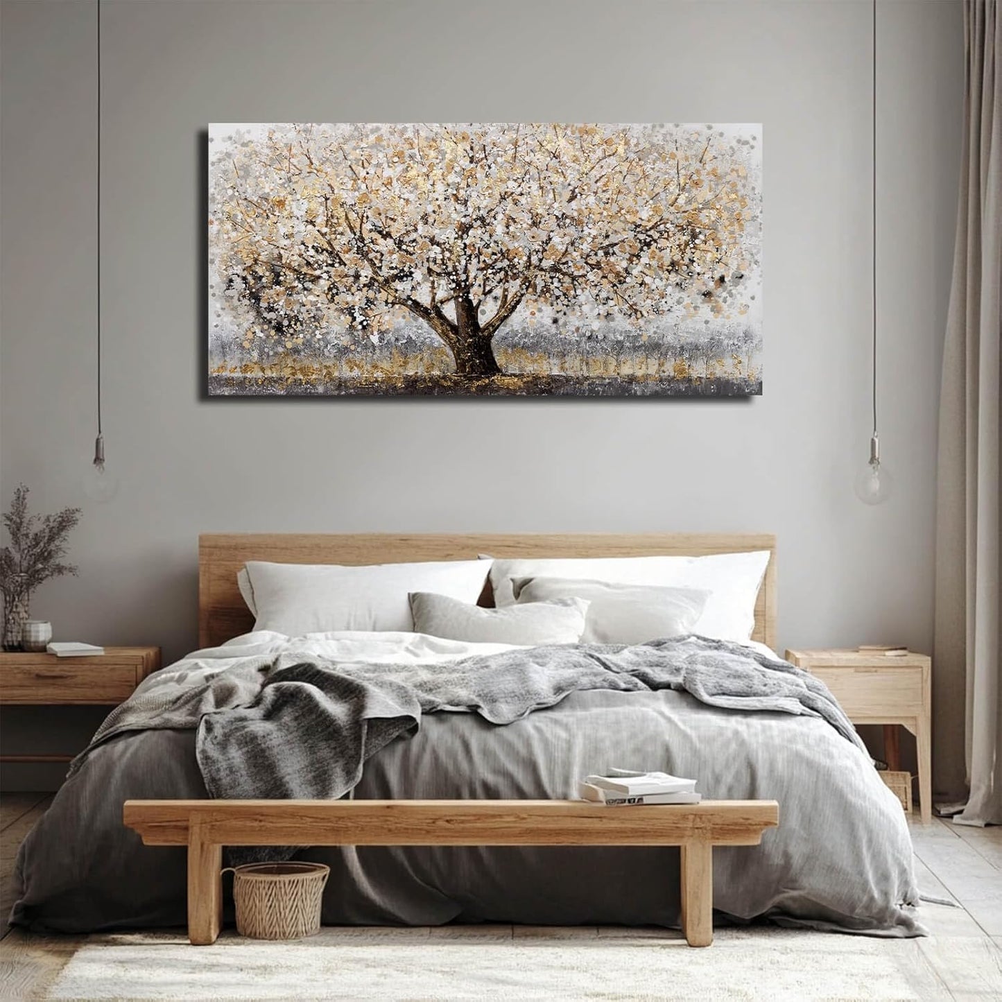 CHUDANHAO Abstract Grey Graffiti Wall Decor Big Tree Painting Gold Photo Prints Modern Canvas Art for Dining Room Bedroom 24"x48" Gallery Wall Art