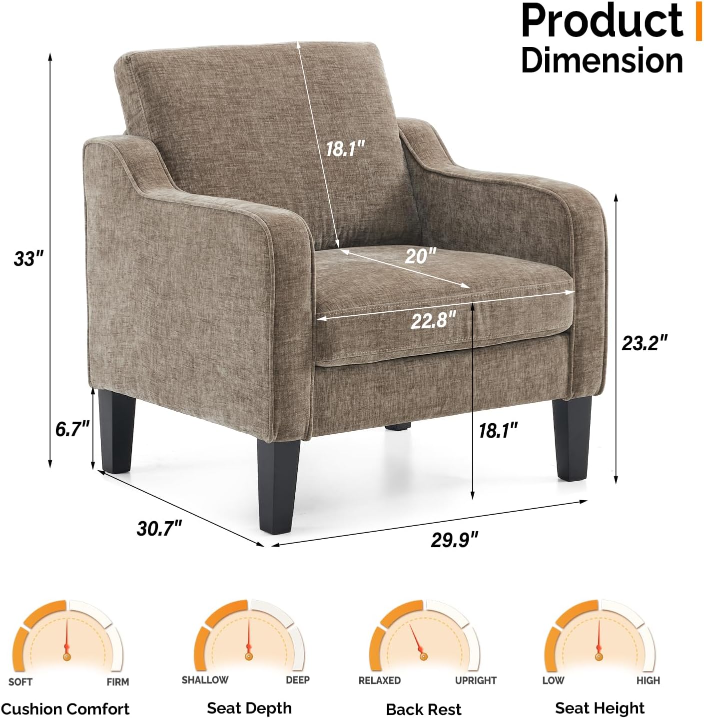 VINGLI Accent Chair for Living Room Chairs Light Brown Reading Chair for Bedroom Scooped Arm Chair Mid Century Modern Accent Chairs Upholstered Comfy Chair for Apartment, Waiting Room