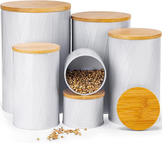 White Canister Sets for Kitchen Counter, Kitchen Canisters Set of 6, Flour and Sugar Containers, Coffee and Tea Storage, Modern Farmhouse Kitchen Decor