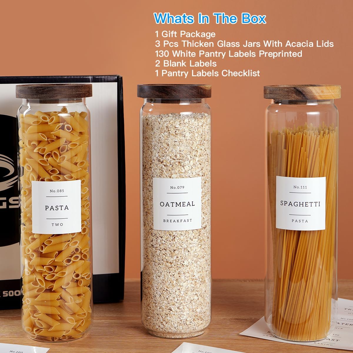 3 Set Glass Pantry Storage Jars with Acacia Airtight Lid - 50oz Thicken Glass Kitchen Canisters with 132 Pantry Labels - Tall Food Storage Containers with Wood Lid for Pasta,Spaghetti,Cereal