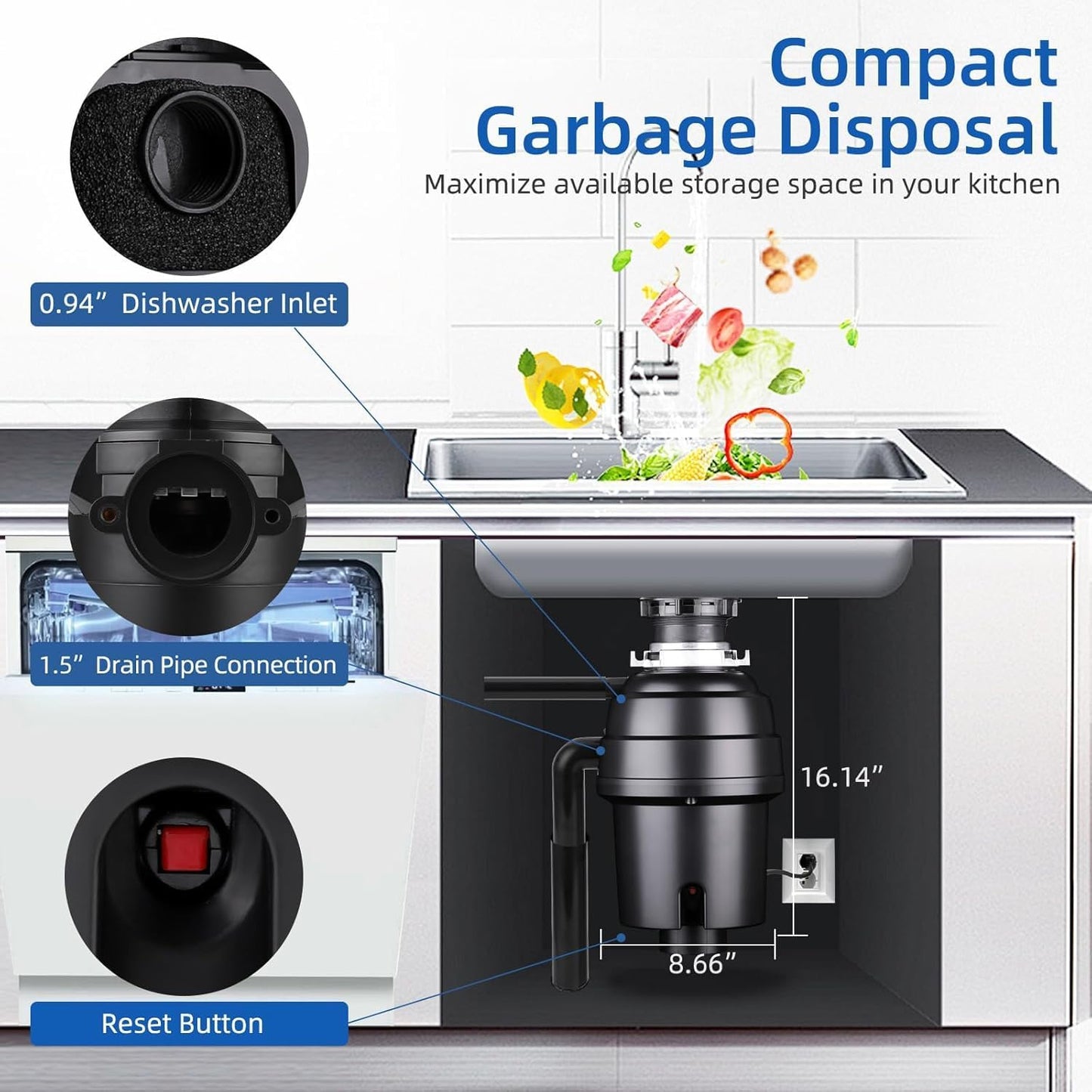 Powerful 1HP Stainless Steel Garbage Disposer, Dishwasher-Friendly and Continuous Feeding Waste Disposer, Grinding Material Four-Stage Grinding, Black