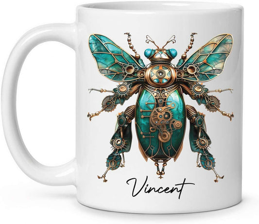 Unique Mechanical Insect Art Ceramic Cup, Personalized Steampunk Beetle Design Coffee Mug 11oz, Custom Name White Mug For Science Fiction Enthusiasts, Customized Insect Ceramic Mug