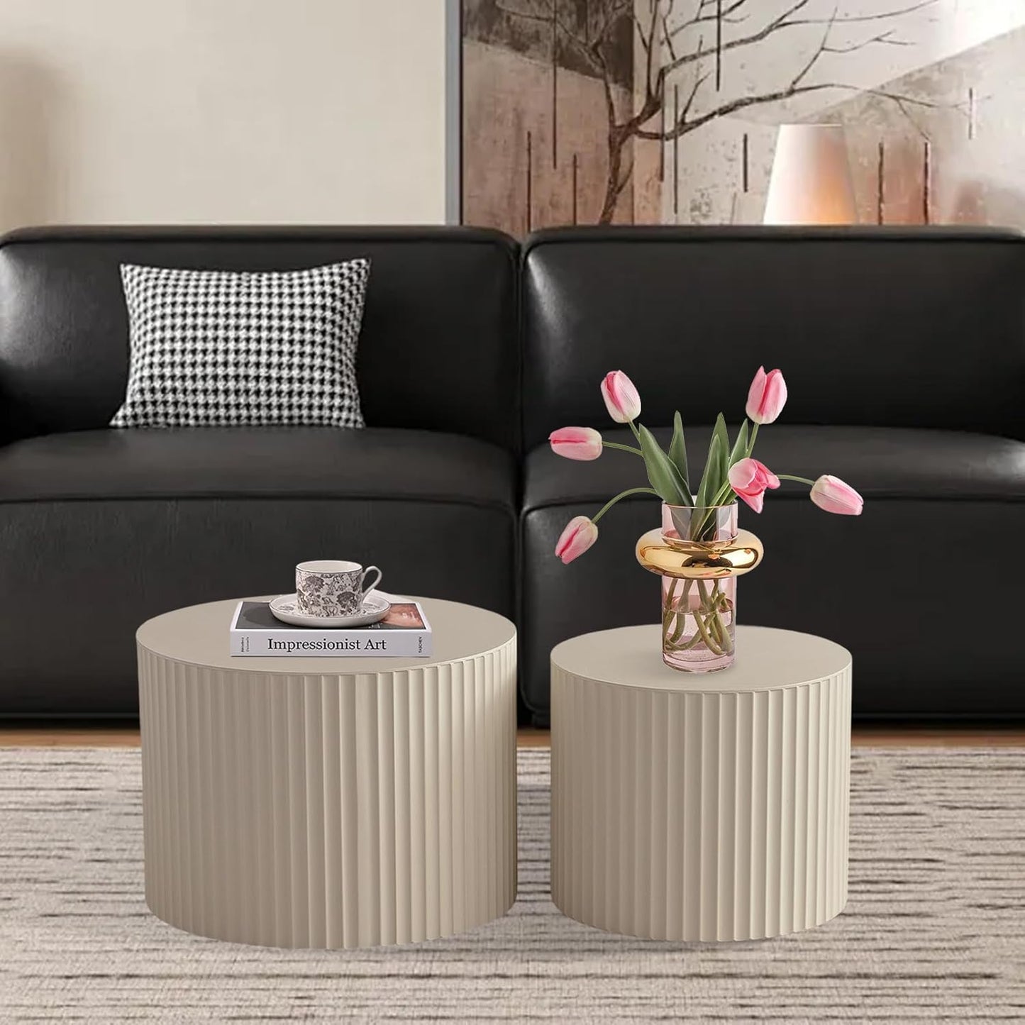 Round Nesting Coffee Table Set of 2, Modern Coffee and End Table Set Small Circle Wooden Drum Side Table Accent End Tables for Living Room Office, No Assembly,Cream Large