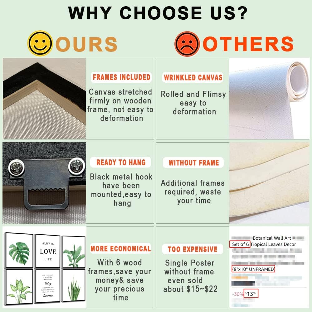 KIOSSUT FRAMED Tropical Botanical Plant Canvas Wall Art, Watercolor Green Leaf Plant Wall Decor With Inspirational Quotes, 8X10in, Framed)