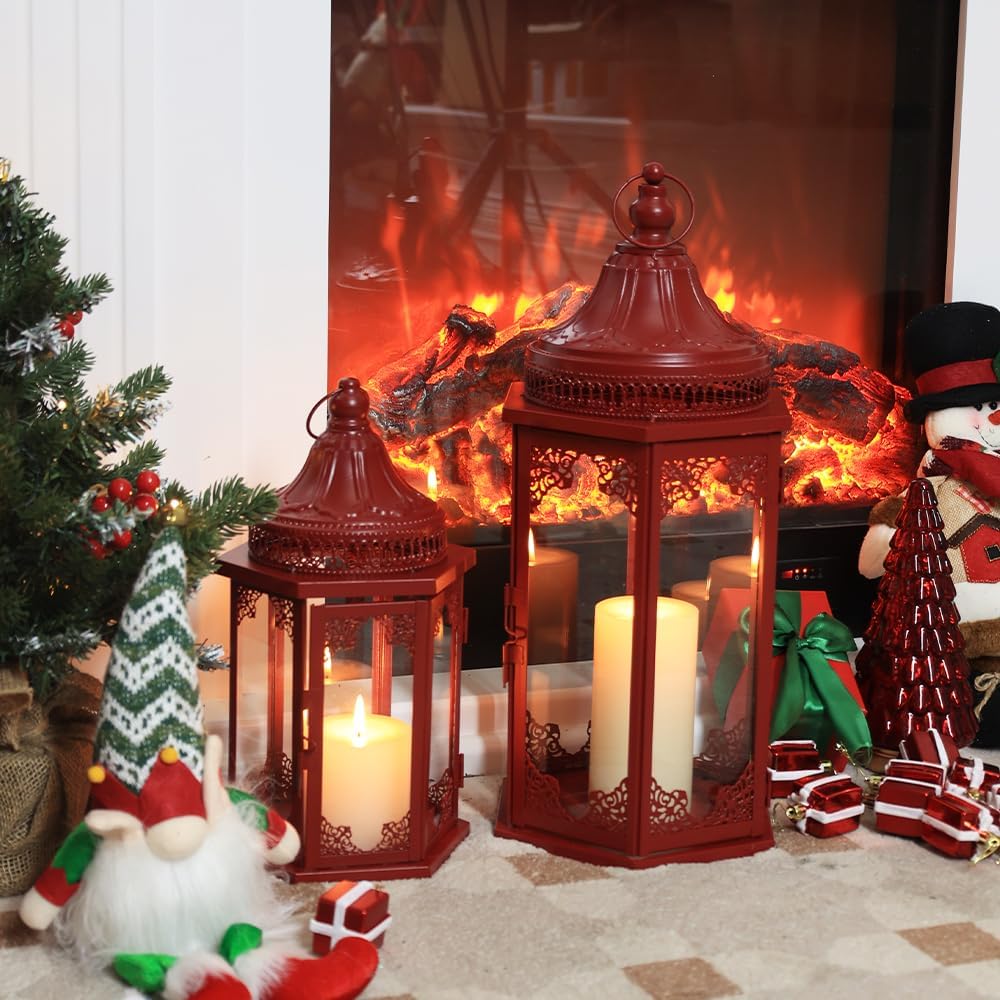 NEEDOMO Christmas Decorations Set of 2, 22''/15'' Christmas Lantern with Glass Panels for Home Decor, Decorative Hanging Lantern Indoor Outdoor for Xmas Table Centerpieces, Porch, Patio(Red)