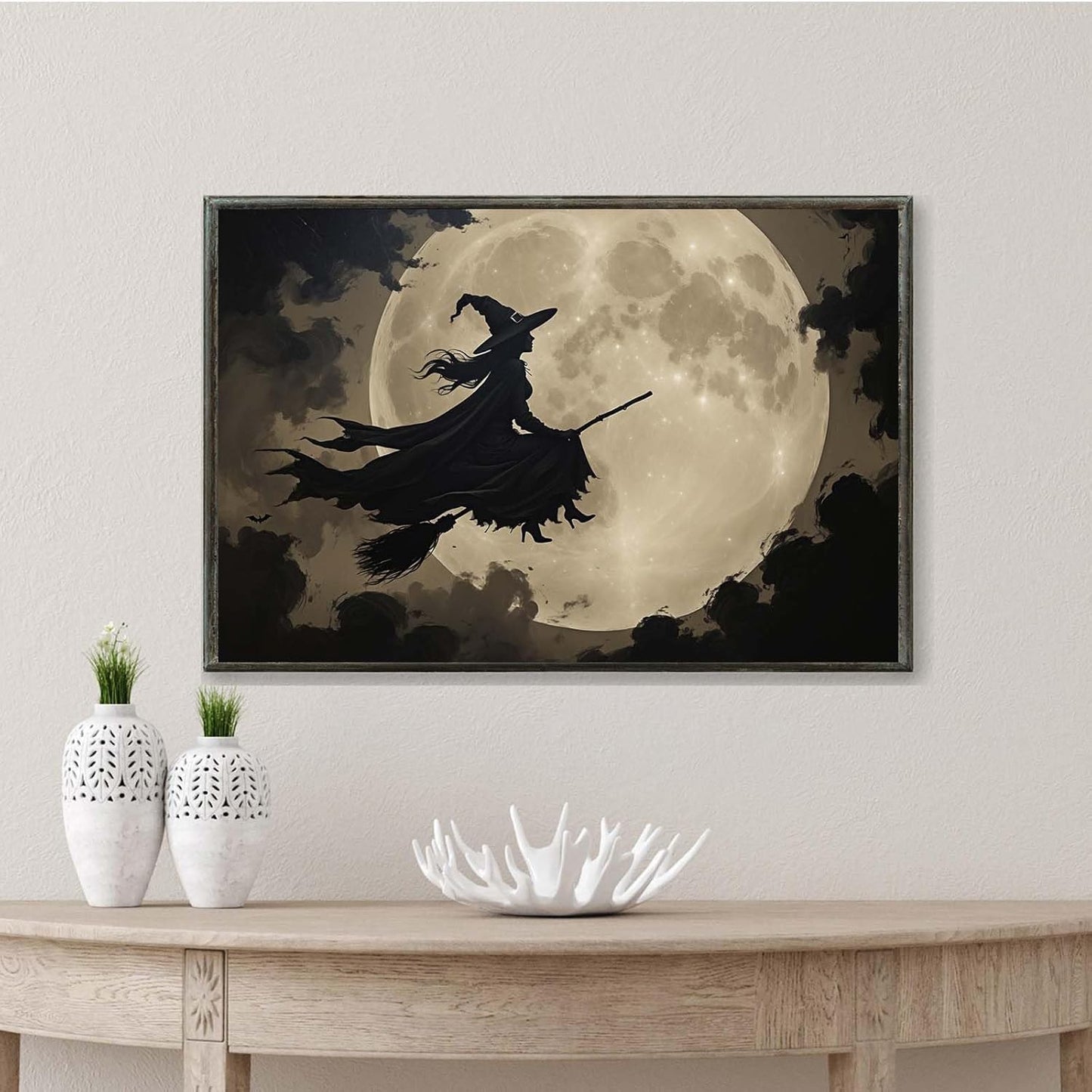 JFHCQJPK Full moon witch silhouette poster witch on magic broom Halloween mural poster decorative mural art suitable for home living room bedroom8x12in Metal blackFramed