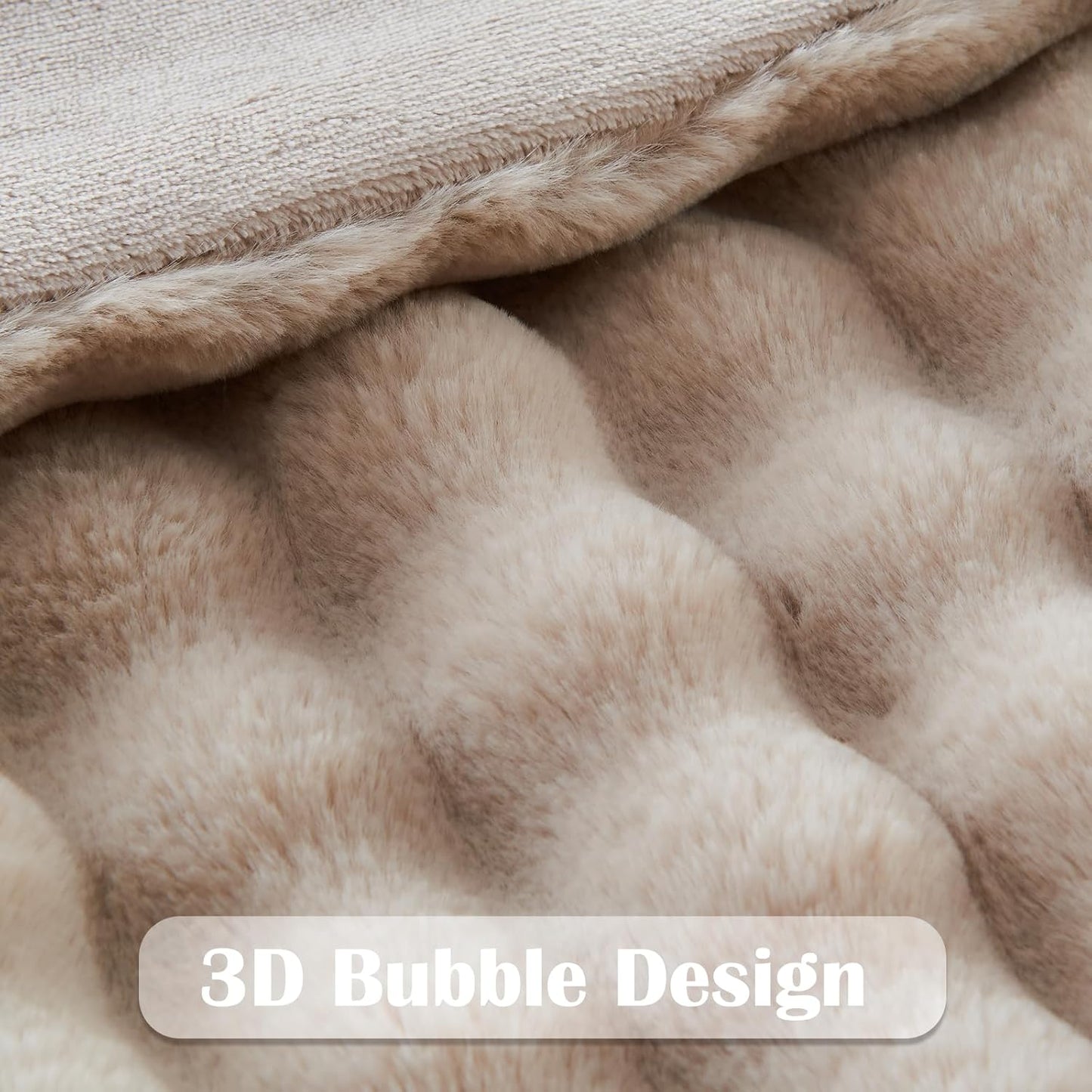NEWCOSPLAY Faux Fur Queen Blanket Linen Bubble Blanket Thick Warm Soft for Couch Sofa Bed 550GSM (Linen, Queen(90"x90"))