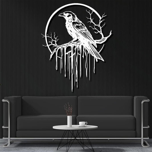 Crow Metal Wall Decor, Raven Wall Art, Large Gothic Raven Decor Hangings, Bird Wall Decor, Metal Tree Branch Decor, Ravens Sign, Raven Art for Living Room (White, 30"x24" |76x61cm, metal wall art)