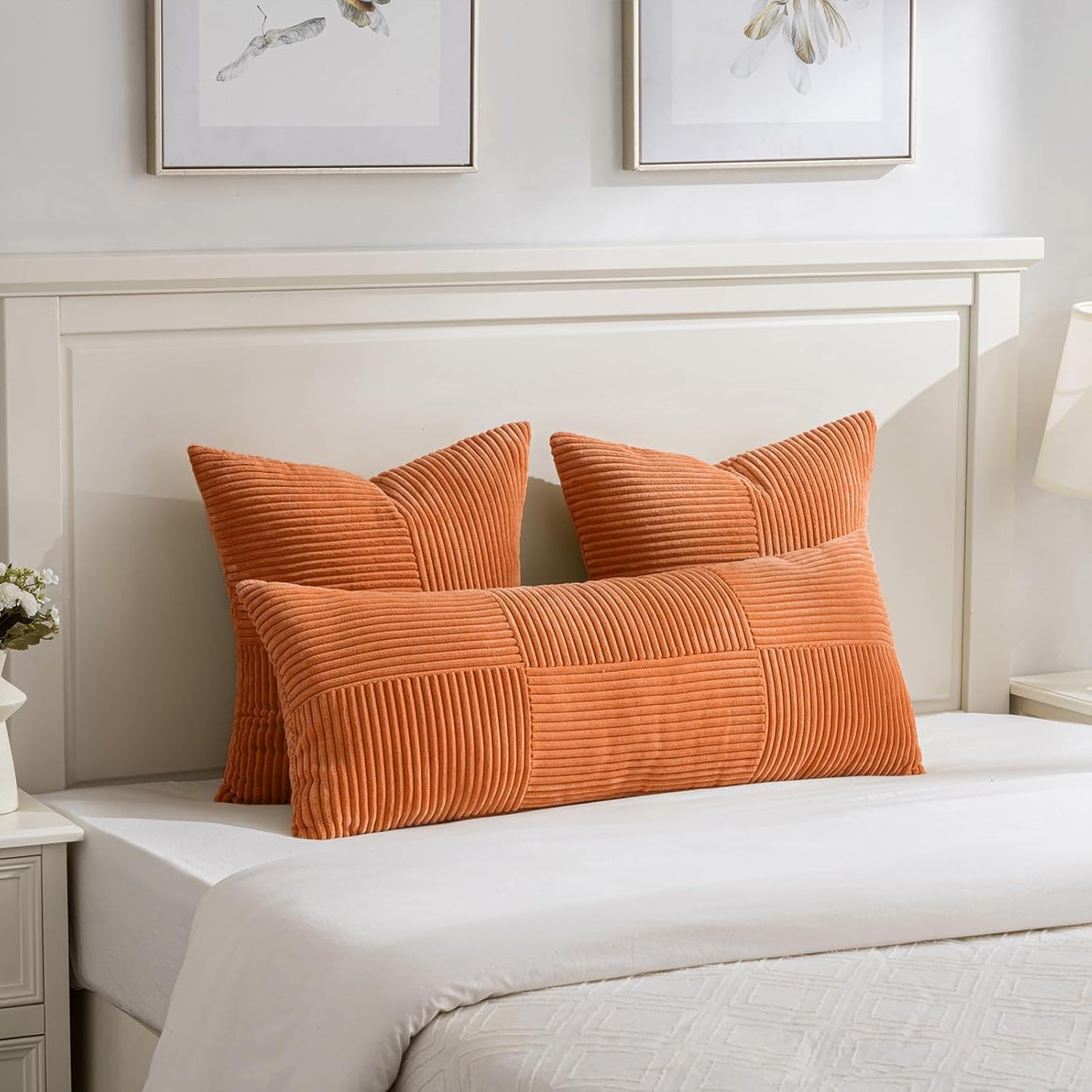 Fancy Homi 2 Packs Burnt Orange Decorative Throw Pillow Covers 20x20 Inch for Living Room Couch Bed Sofa, Rustic Farmhouse Boho Home Decor, Soft Corss Corduroy Patchwork Accent Cushion Case 50x50 cm