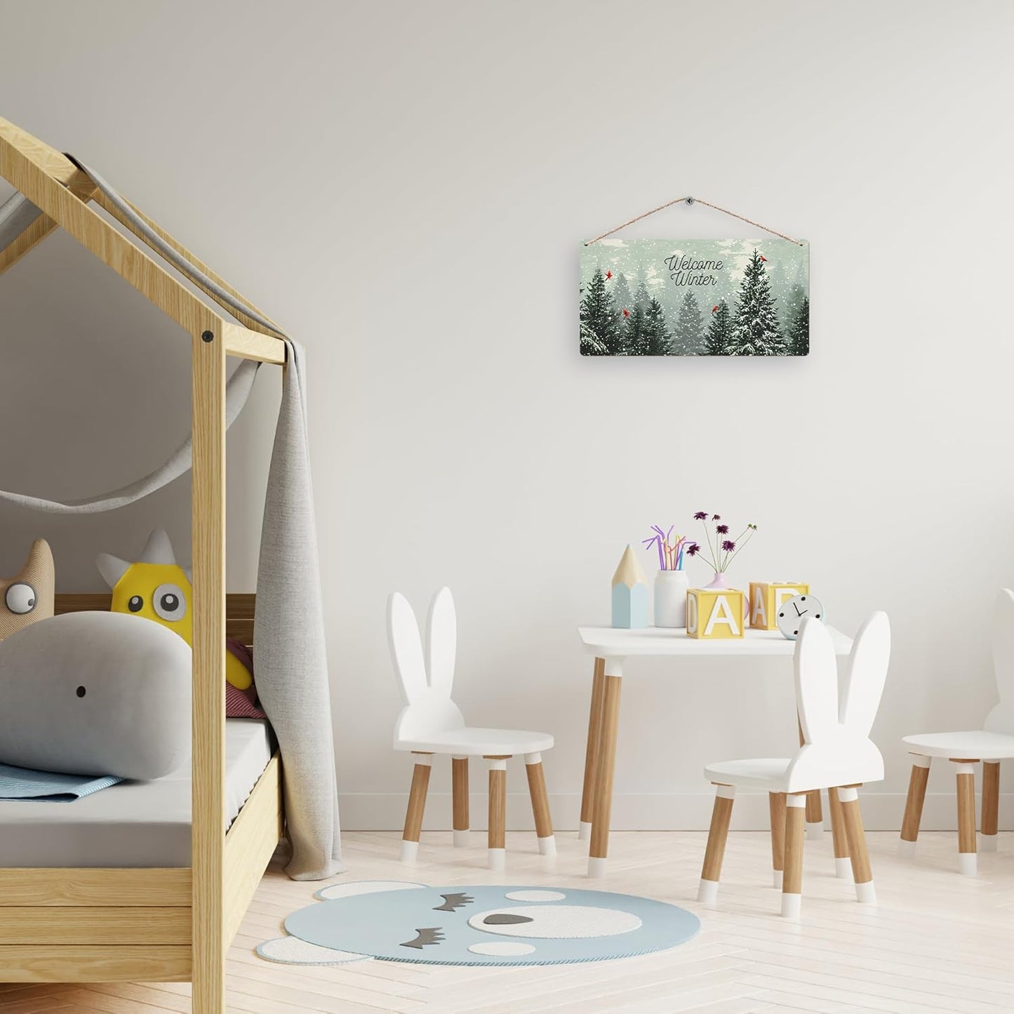 Welcome Winter Hanging Wooden Signs 12x6, Pine Tree Decor, Winter Door Decorations, Winter Door Sign, Snowflake Pine Trees Birds Home Room Office Hanging Wall Decor