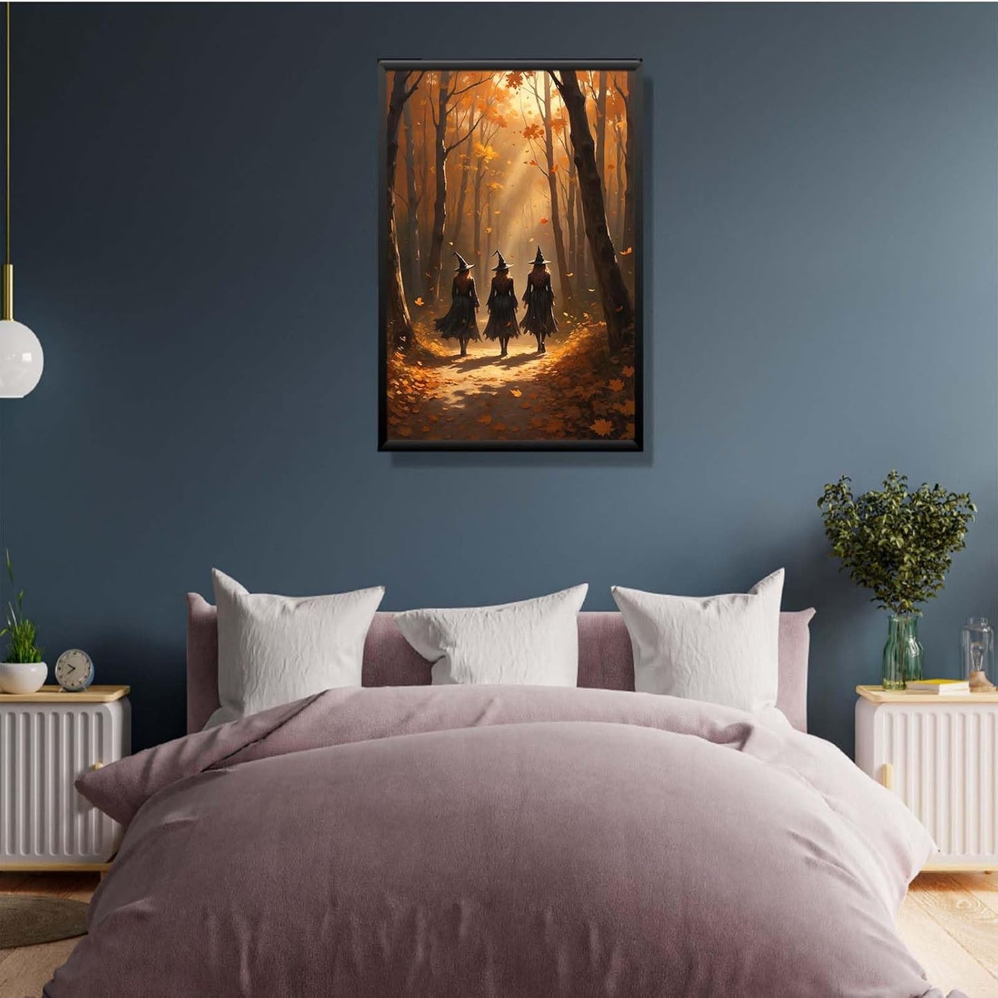 JFHCQJPK Three witches walking in the forest in autumn canvas painting gothic poster halloween print country witch wall art for home decoration8x12in Metal blackFramed