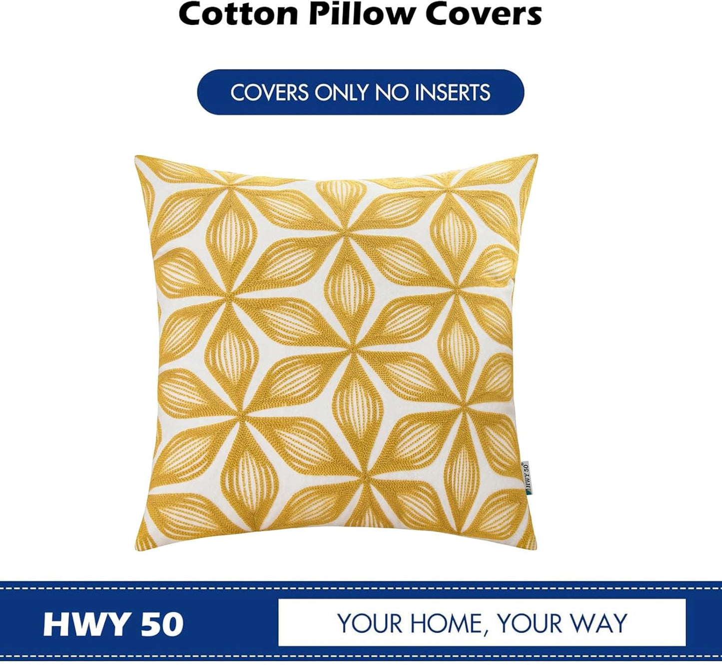 HWY 50 Yellow Decorative Throw Pillow Covers 18x18 Inch (1 Piece), Embroidered Cotton Farmhouse Cushion Cover Pillow Case for Sofa Couch Living Room Bed, Fashion Geometric