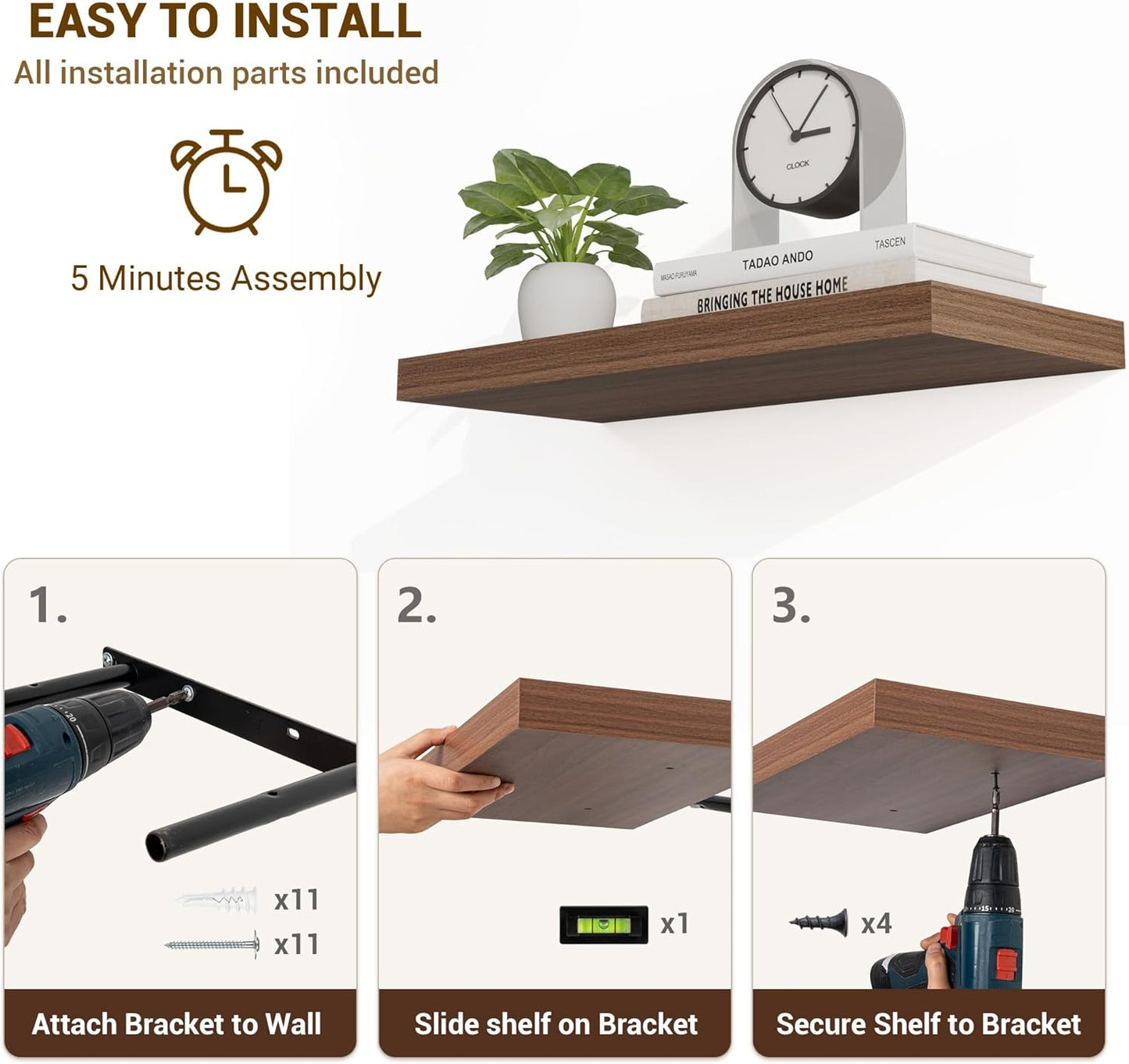 55 Inch Floating Shelves, 55"x9.25"x1.5" Inch Deep Floating Shelves for Wall, Wooden Shelves for Bathroom, Bedroom, Living Room, Walnut