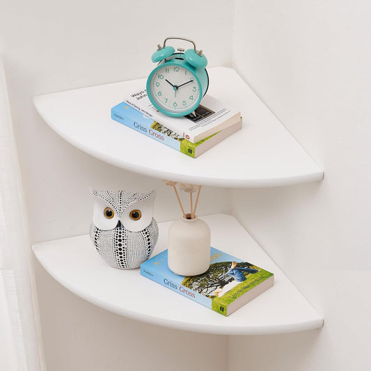Corner Wall Shelves, White Floating Corner Shelf, Set of 2 16inch Solid Oak Wood Shelves, Round End Wall Mount Display Shelf with Wire Hole for Small Plant for Bedroom Kitchen, Living Room
