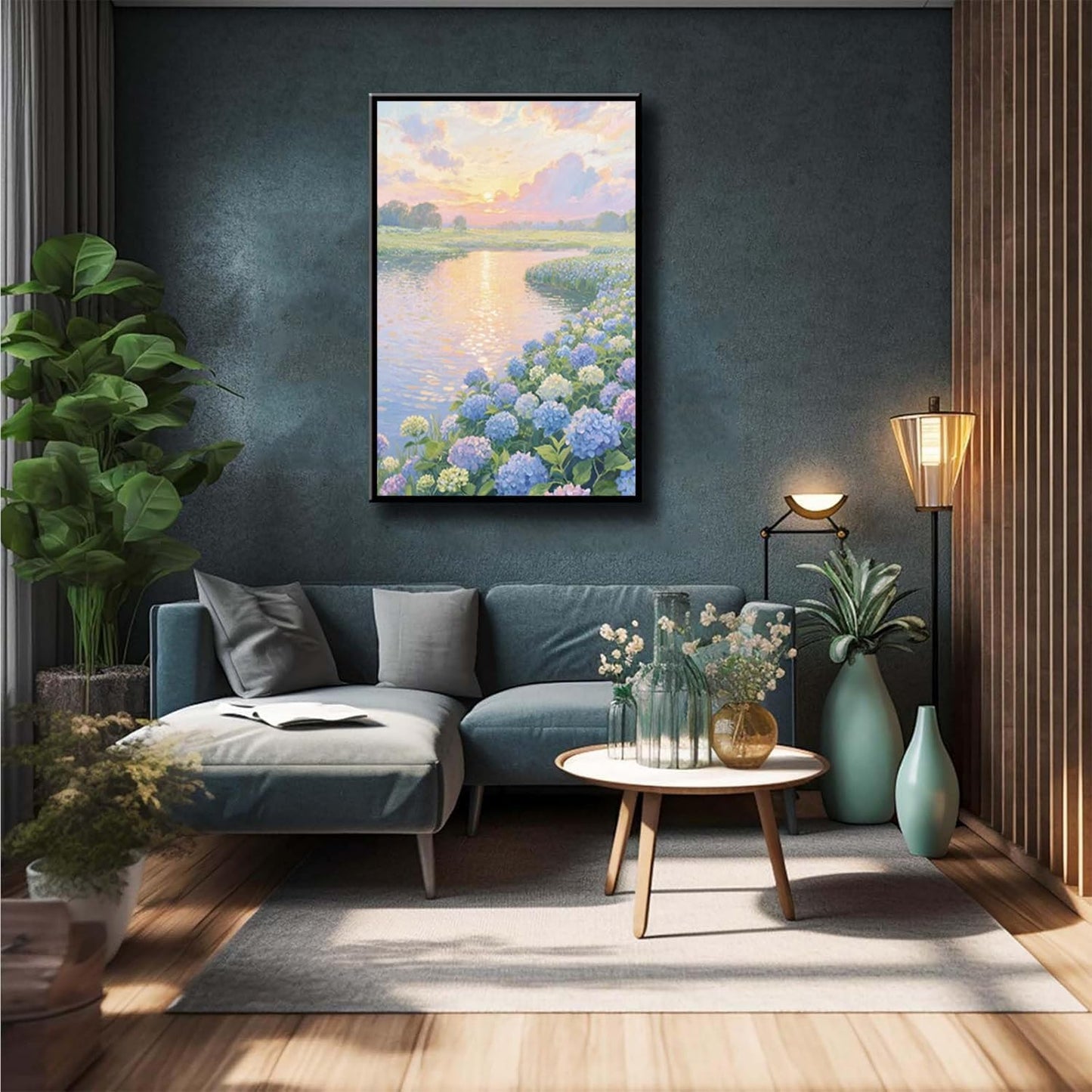 The hydrangea scenery all over the lake at sunset is suitable for posting in the living room bedroom office landscape poster wall painting