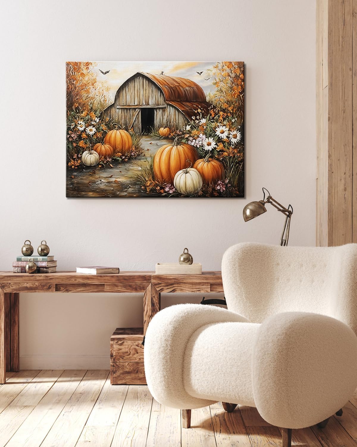 Autumn Pumpkin Barn Framed Wall Art Decor, Moody Fall Decor Rustic Country Landscape Picture Print for Farmhouse Decor,Thanksgiving Decorations Country Canvas Wall Art, Ready to Hang