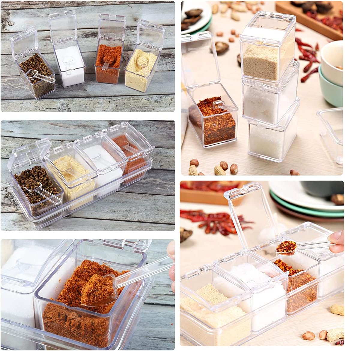XIUDI Clear Seasoning Rack Spice Pots-4 Pieces Clear Seasoning Storage Container for Spice Salt Sugar Cruet.Acrylic Seasoning Box, Cruet with Cover and Spoon