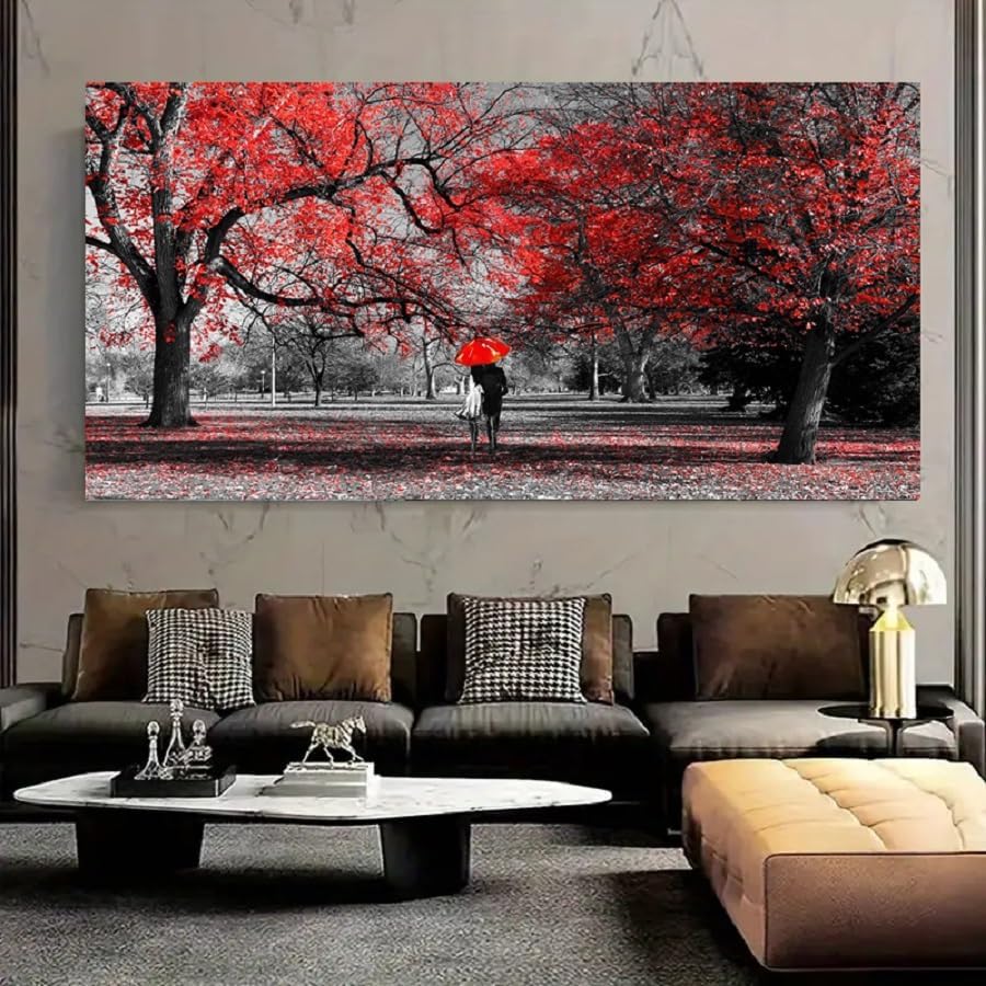 Bamdeya Wall Art for Bedroom Black and White Red Wall Decor Scenery Tree Prints Art Forest Canvas Painting Artwork Living Room Decor Large Framed Picture Home Decoration-24x48inches