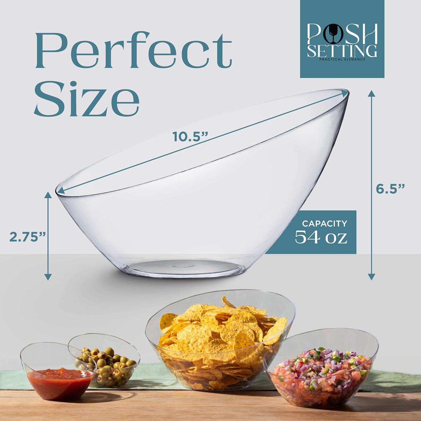 Posh Setting - Clear Plastic Serving Bowls for Party Angled Bowls Disposable Chip Bowls Candy Bowls for Party Table Salad and Fruit Bowls for Party Wedding Serving Bowls-Clear, 54 OZ, 5 Pack