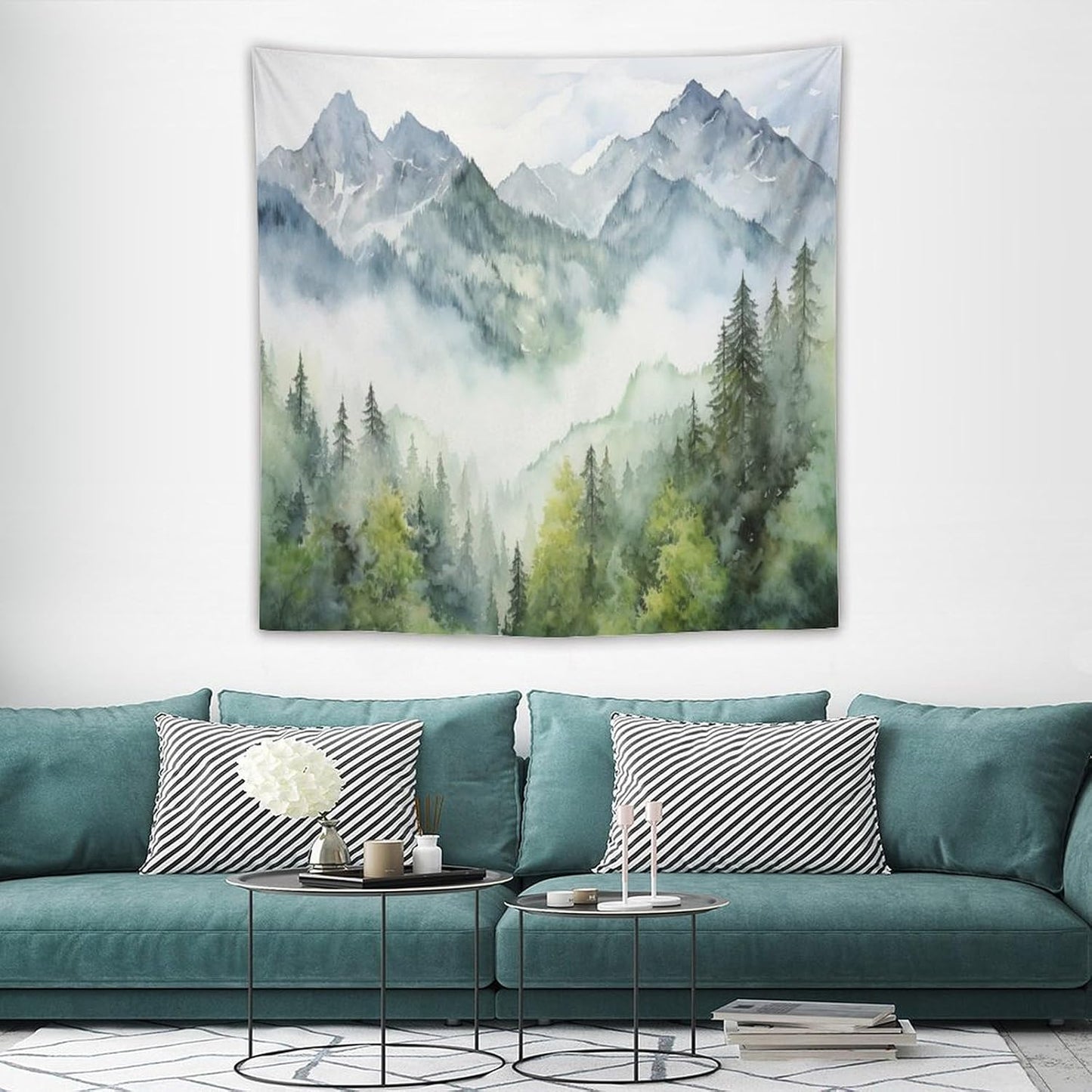 HZOHNAGO Mountain Tapestry Misty Green Forest Mountain Pattern Printed Wall Tapestry Wall Hanging for Bedroom Living Room Dorm 60" W x 60" H
