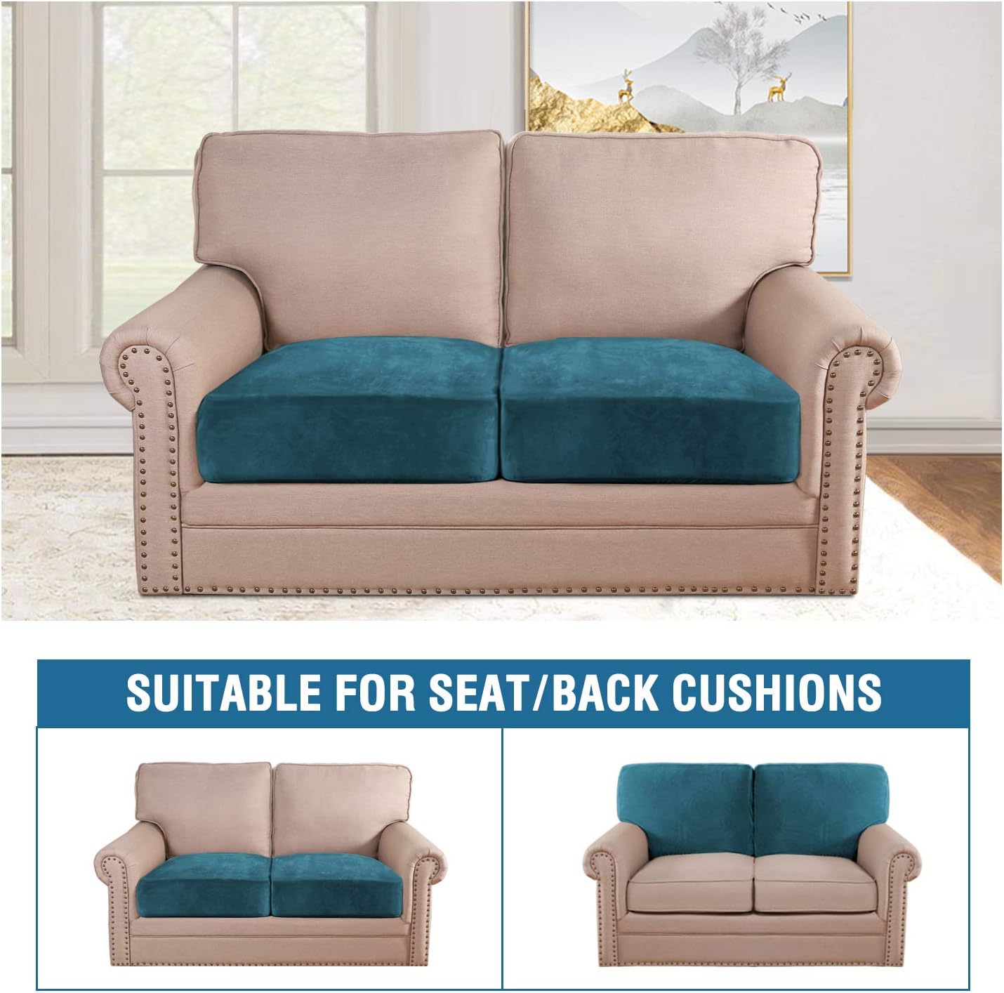 H.VERSAILTEX Velvet Stretch Couch Cushion Cover Plush Cushion Slipcover for Chair Loveseat Sofa Cushion Furniture Protector Seat Cushion Sofa Cover (2 Piece Medium Sofa Cushion Covers, Deep Teal)