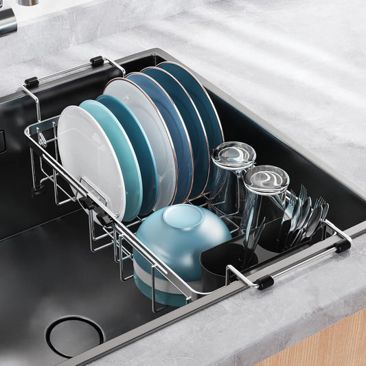 GSlife Expandable in Sink Small Dish Drying Rack - Stainless Steel Capacity Adjustable Over The Sink Dish Rack with Utensil Holder, 11.9“-16.7” L x 9" W x 5.7" H, Silver