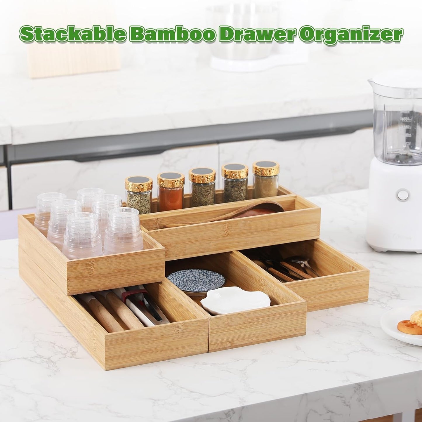 Bamboo Drawer Organizer, 2PCS Stackable Storage Boxes for Utensil Organizer, Wood Tray for kitchen, Bathroom and Bedroom 12" x 6" x 2"