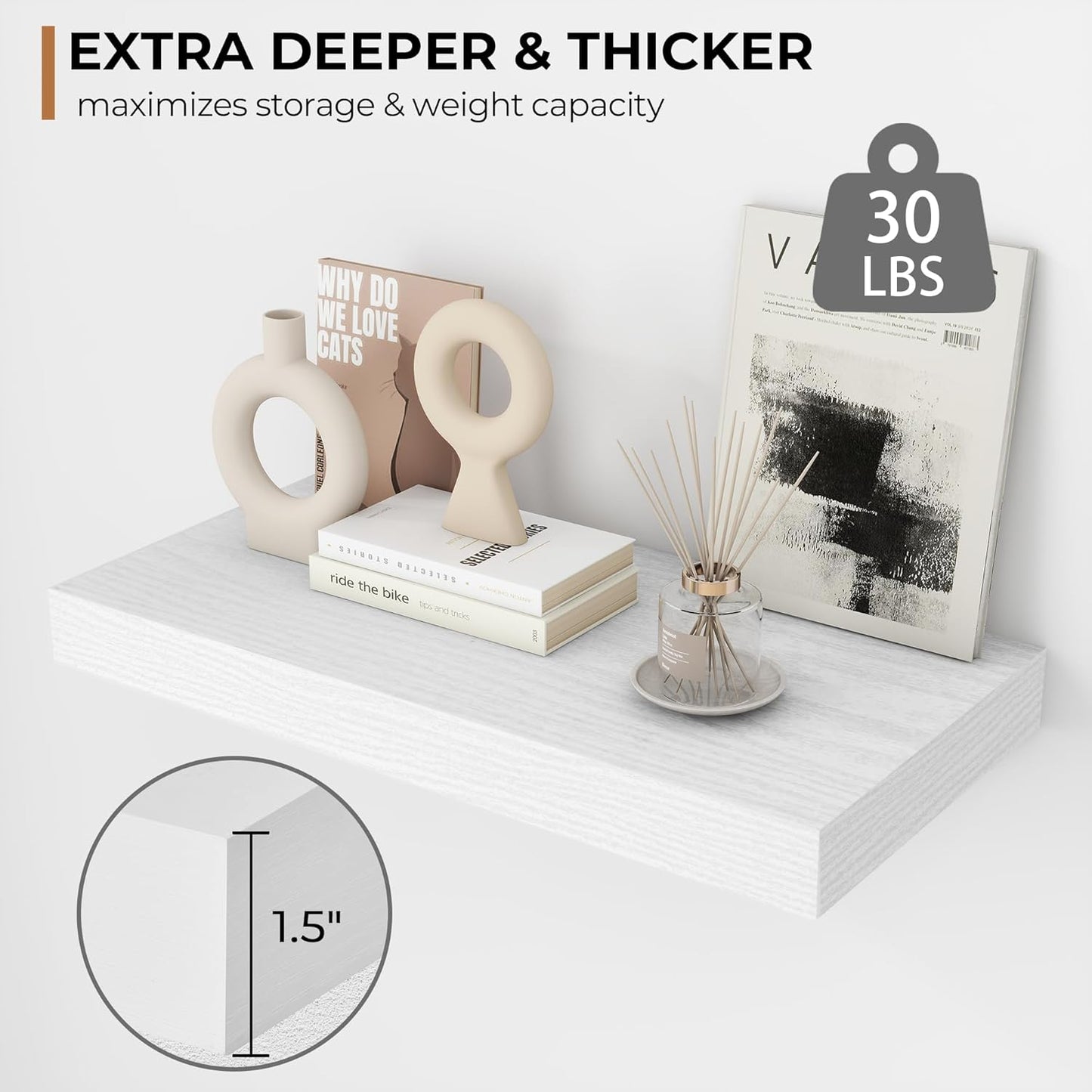 Fun Memories 16 Inch Floating Shelves - Deep Rustic White Wooden Wall Shelves - Extra Deeper & Thicker Wall Mounted Storage Shelf for Bedroom, Kitchen, Farmhouse - 2 Pack, Rustic White