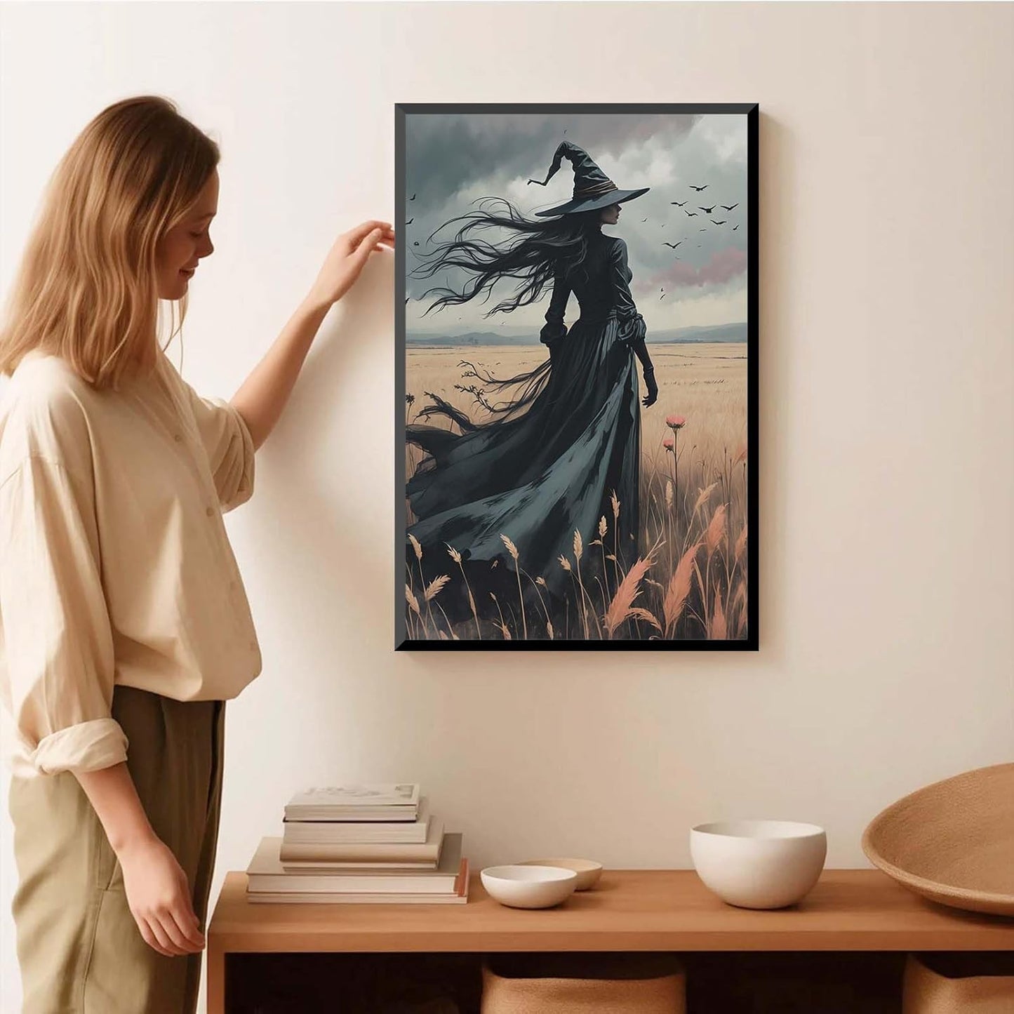 JFHCQJPK Gothic Decor Canvas Wall Art Witch in Rice Field Halloween Art Decor Print Nature Print Victorian Home Bedroom24x36in Metal blackFramed