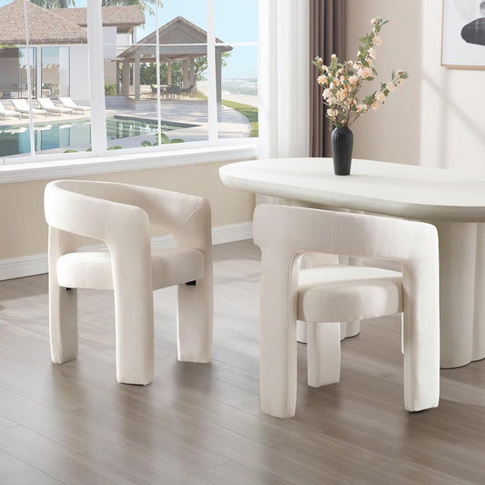 White Chenille Dining Chairs Set of 2, Modern Barrel Dining Room Chairs Upholstered Accent Chair with Arms and Round Back for Living Room Kitchen Armchair No Assembly Needed