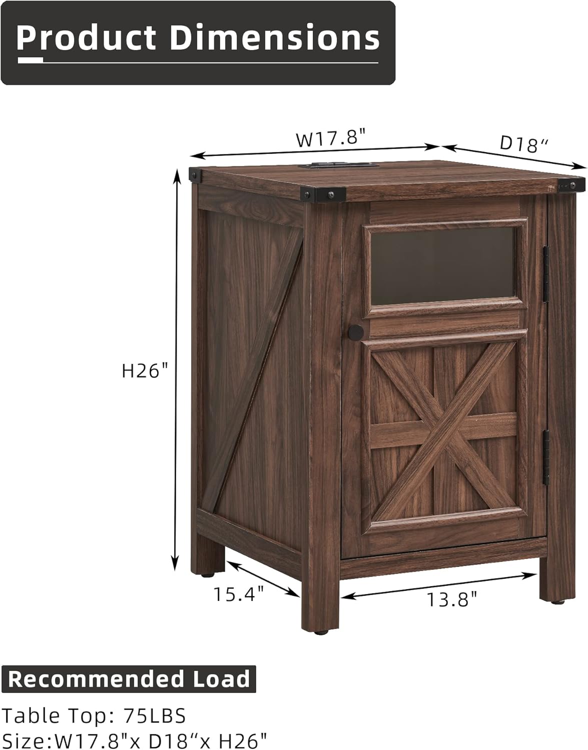 JXQTLINGMU Farmhouse End Table with Charging Station, 18'' Rustic Nightstand with Barn Door & Adjustable Shelf, Wooden Sofa Side Table with 3-Tier Storage for Living Room, Bedroom, Brown