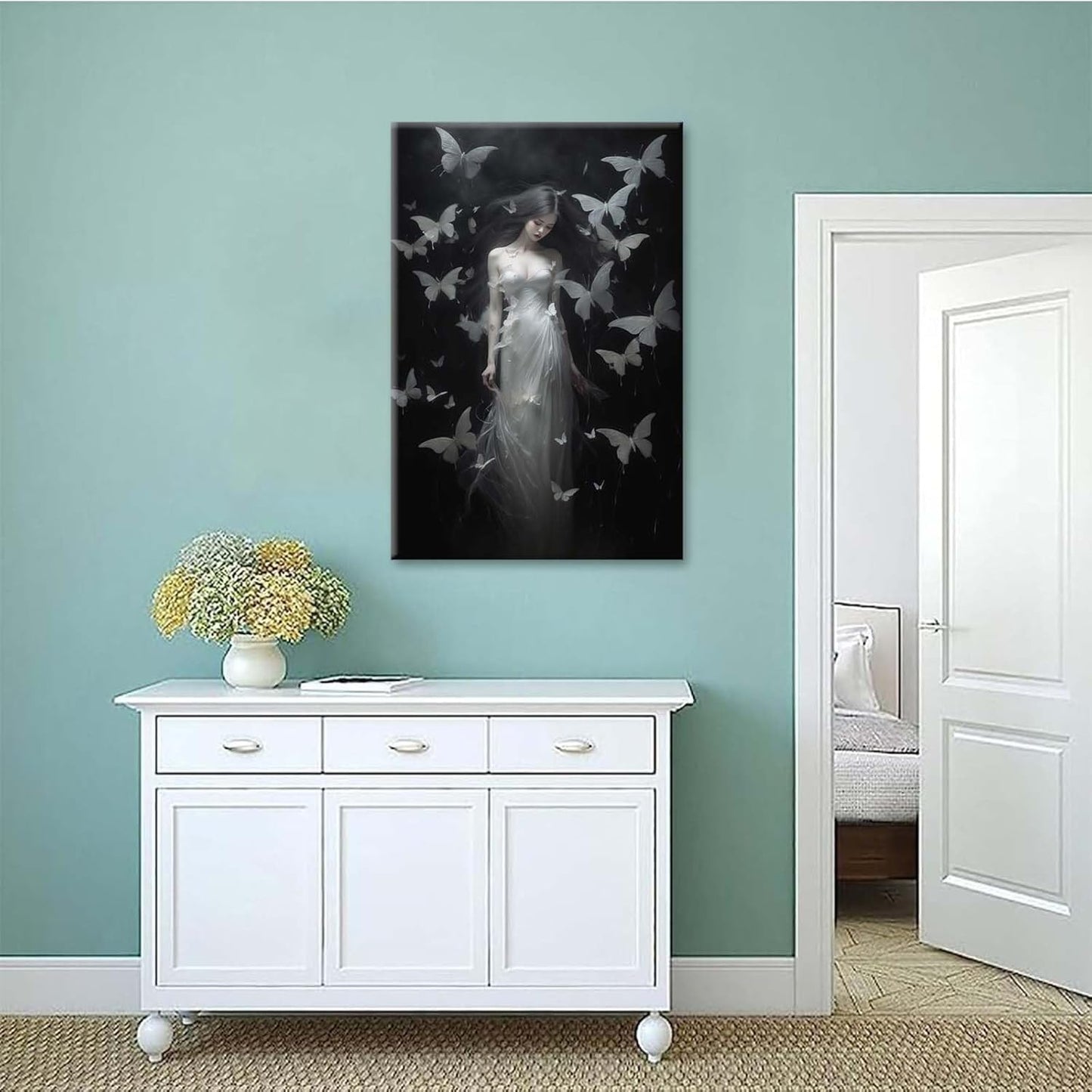 Vintage Gothic Feminine Canvas Wall Art Print Butterfly Poster Moody Female Wall Art Retro Artwork Dark College Decor for Home Bedroom24x36in Wood Framed