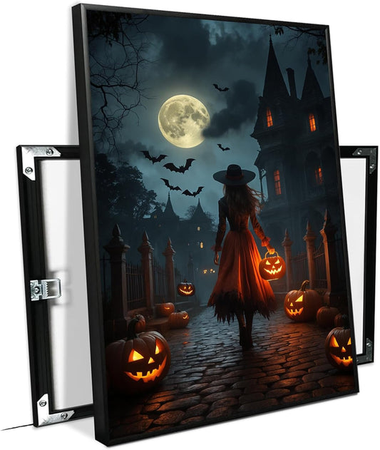 JFHCQJPK Halloween theme poster moonlit autumn night witch vintage poster art print dark college style gothic painting canvas wall decoration bedroom living room ideal gift12x16in Metal blackFramed